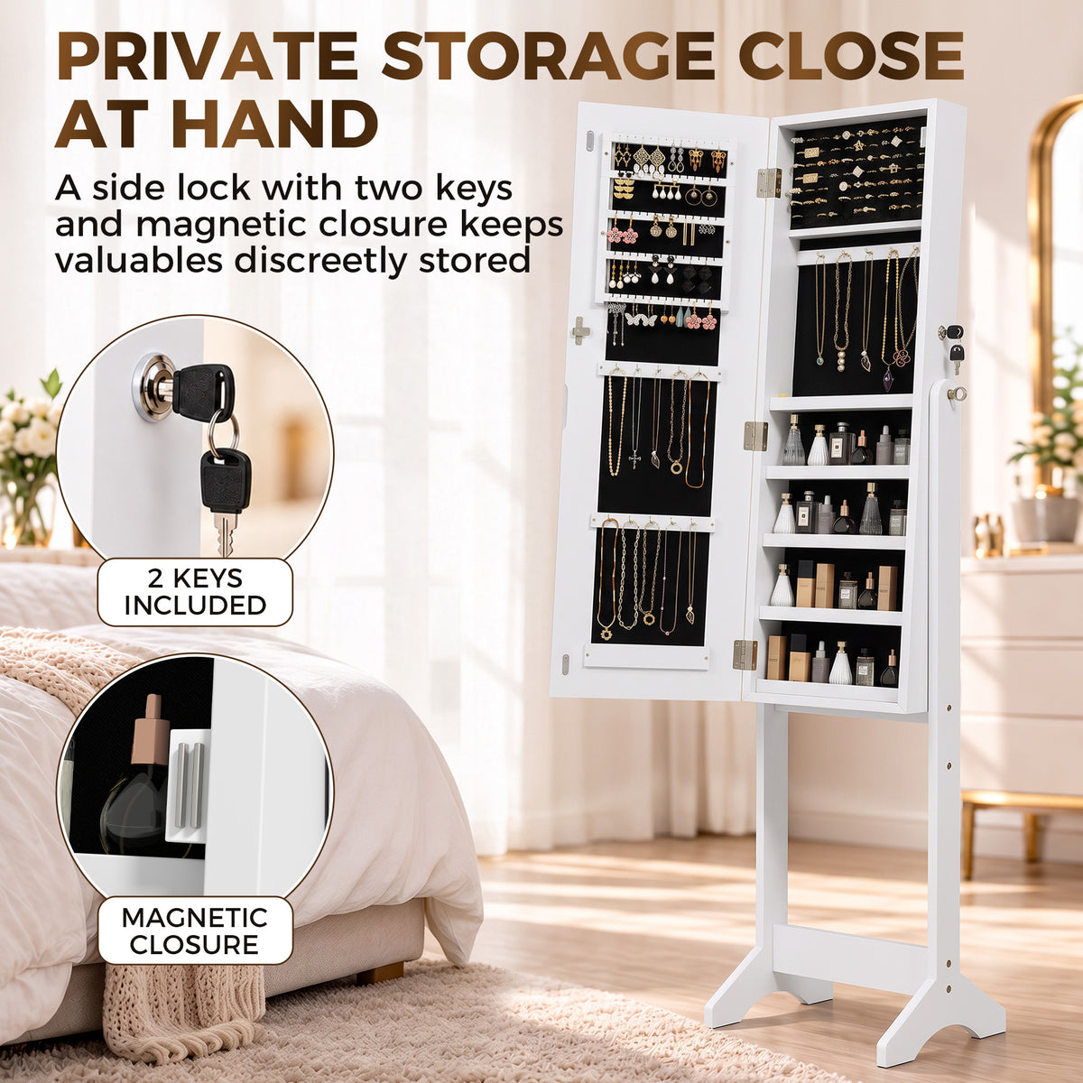 HOMCOM Mirror Jewelry Cabinet with LED Light, Freestanding Lockable Full Length Mirror with Storage, 3 Angles Adjustable, White