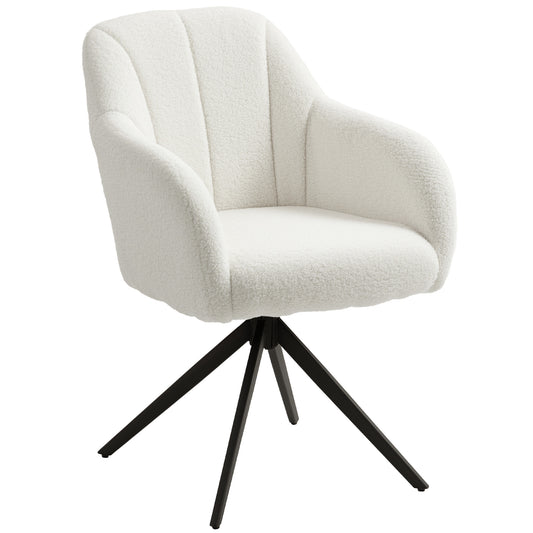 HOMCOM 360 Degree Swivel Accent Chair, Teddy Fleece Fabric Armchair, Upholstered Tufted Vanity Chair with Steel Legs for Living Room, Bedroom, Home Office, White