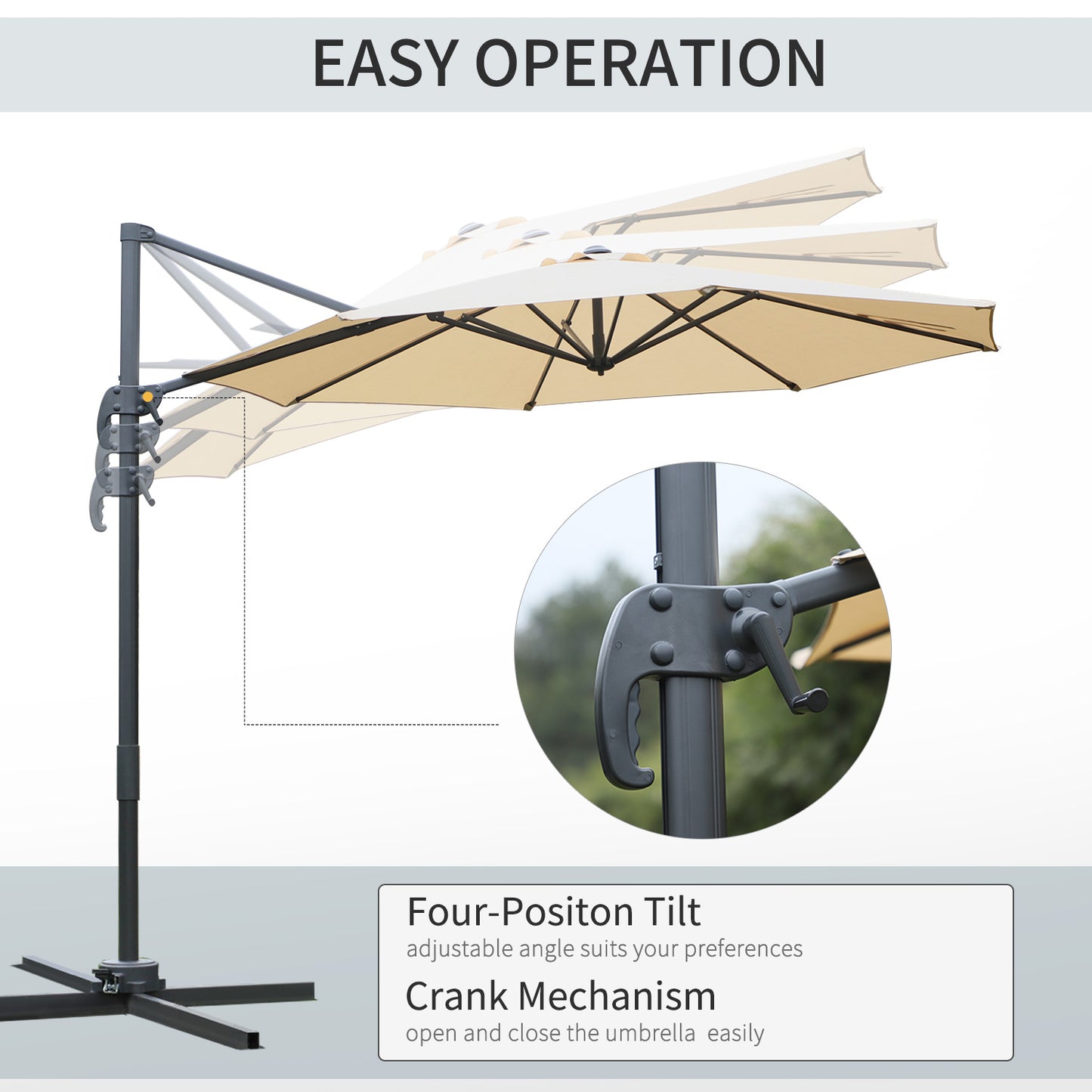 Outsunny Round Umbrella Parasol W/ Tilt 360Â° Rotation and Hand Crank Cross Base-Beige