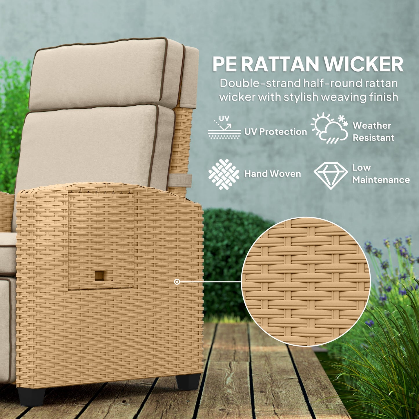 Outsunny 145° Reclining Rattan Armchair, with Footrest - Khaki/Beige