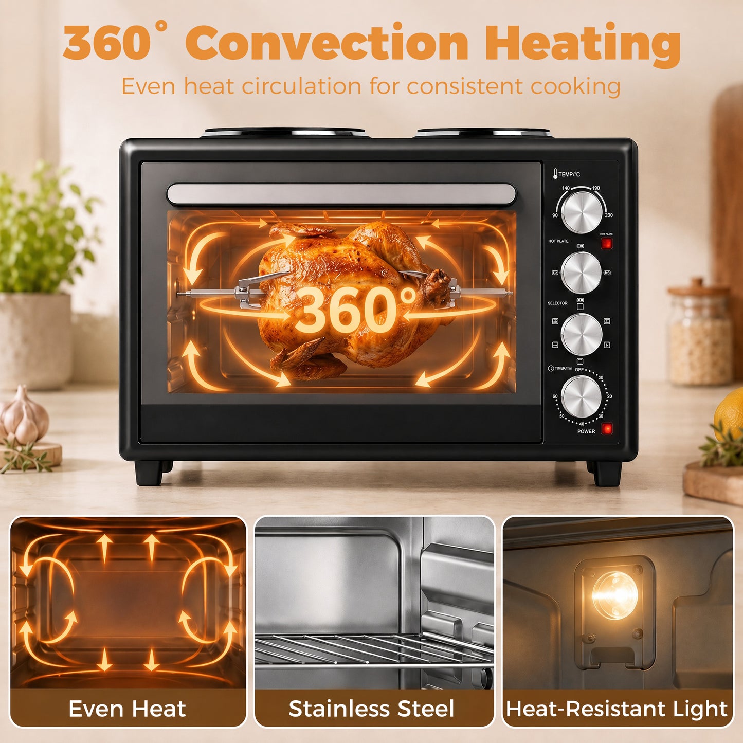 HOMCOM 36L Mini Oven with Dual Hot Plates, Electric Countertop Cooker with Convection, 90â€“230Â°C Adjustable Temperature