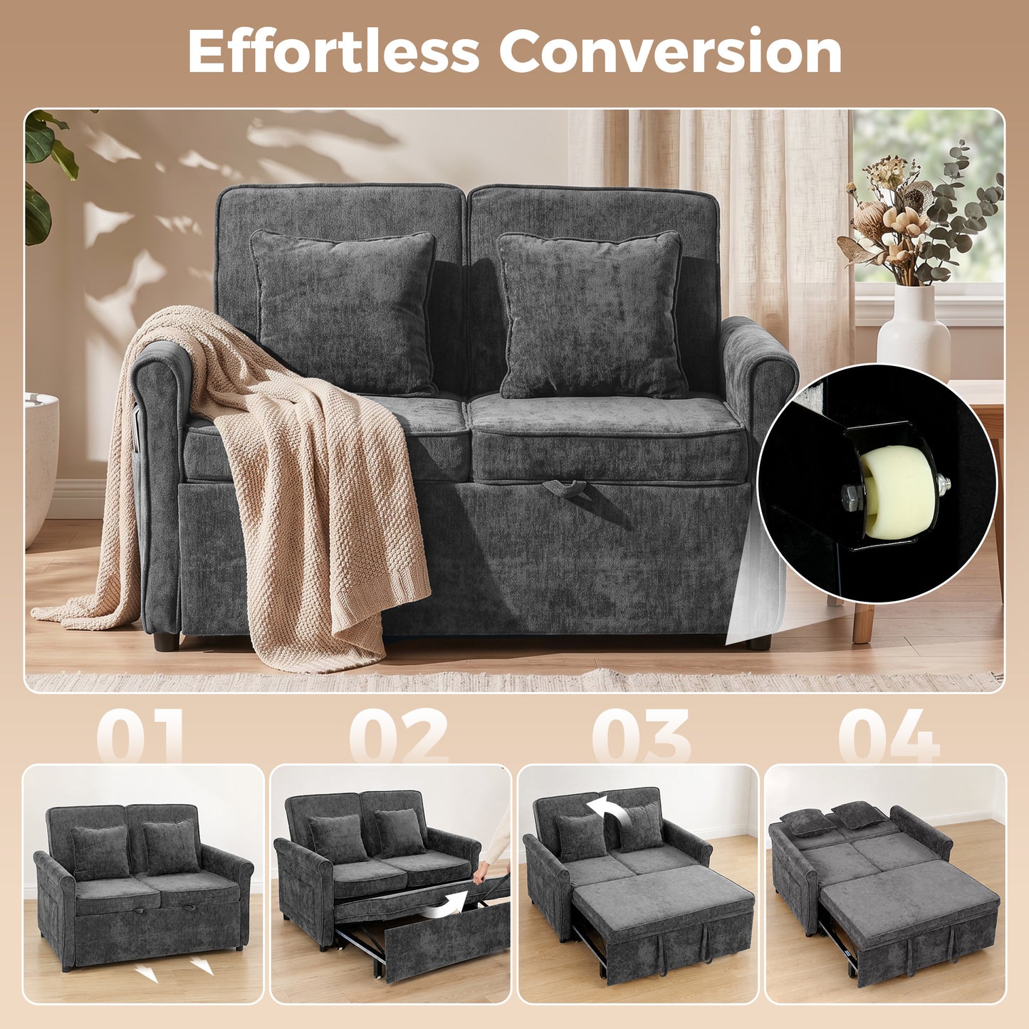 HOMCOM 2 Seater Sofa Bed 3-in-1 Convertible Chenille Pull Out Sleeper Sofa with 5-Position Adjustable Backrest, Grey
