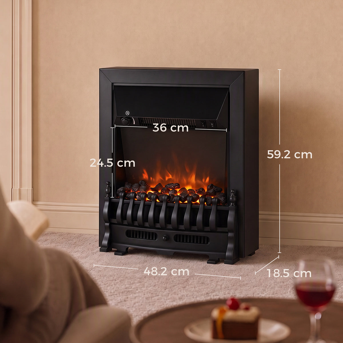 HOMCOM Electric Fireplace Stove Freestanding/ Inset, 1000W/2000W, Electric Fire Heater with LED Flame Effect, Coal Logs, Black