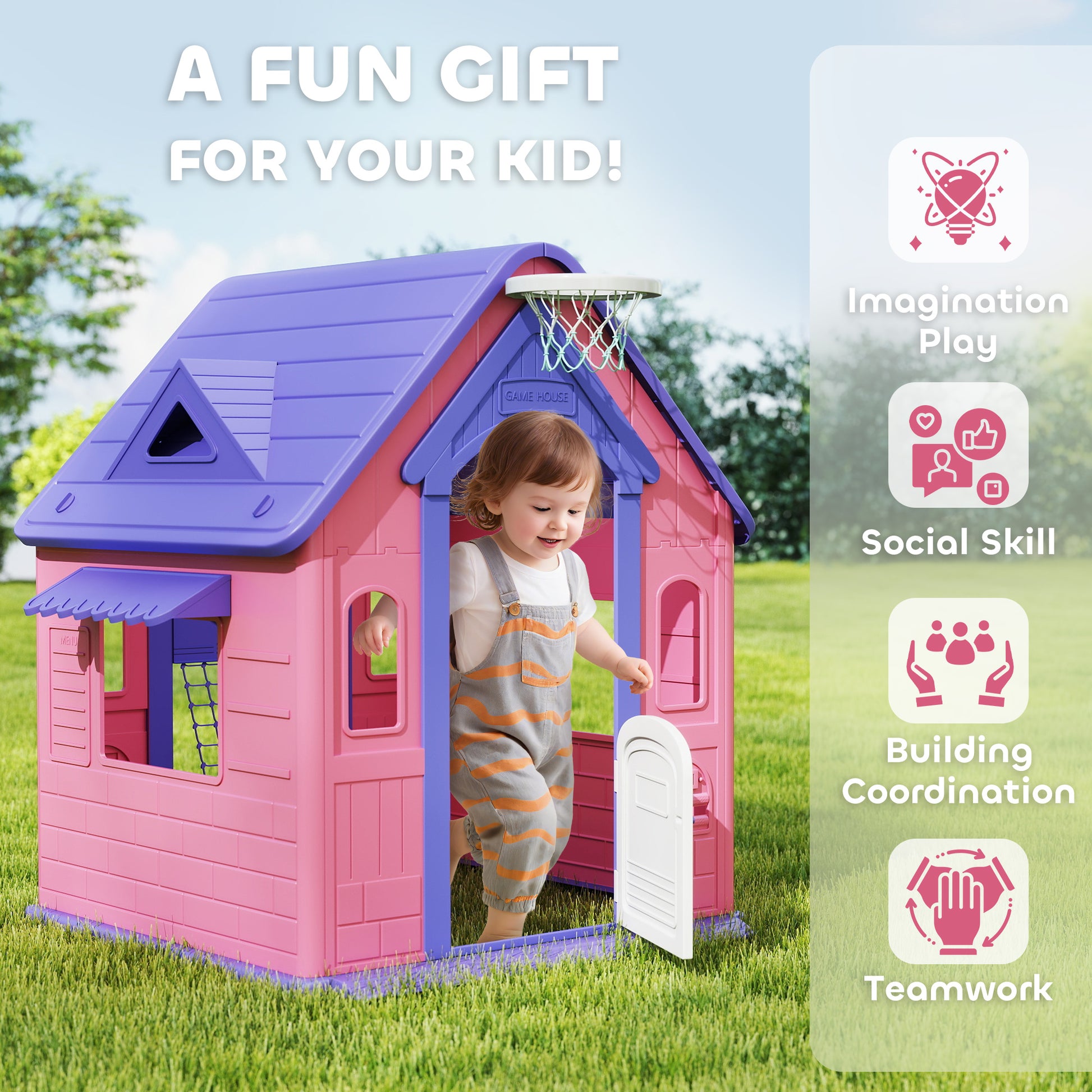 AIYAPLAY 5-in-1 Playhouse for Kids Outdoor Indoor with Basketball Hoop, Football Goal, Dartboard, Ring Toss for 2-5 Years, Pink