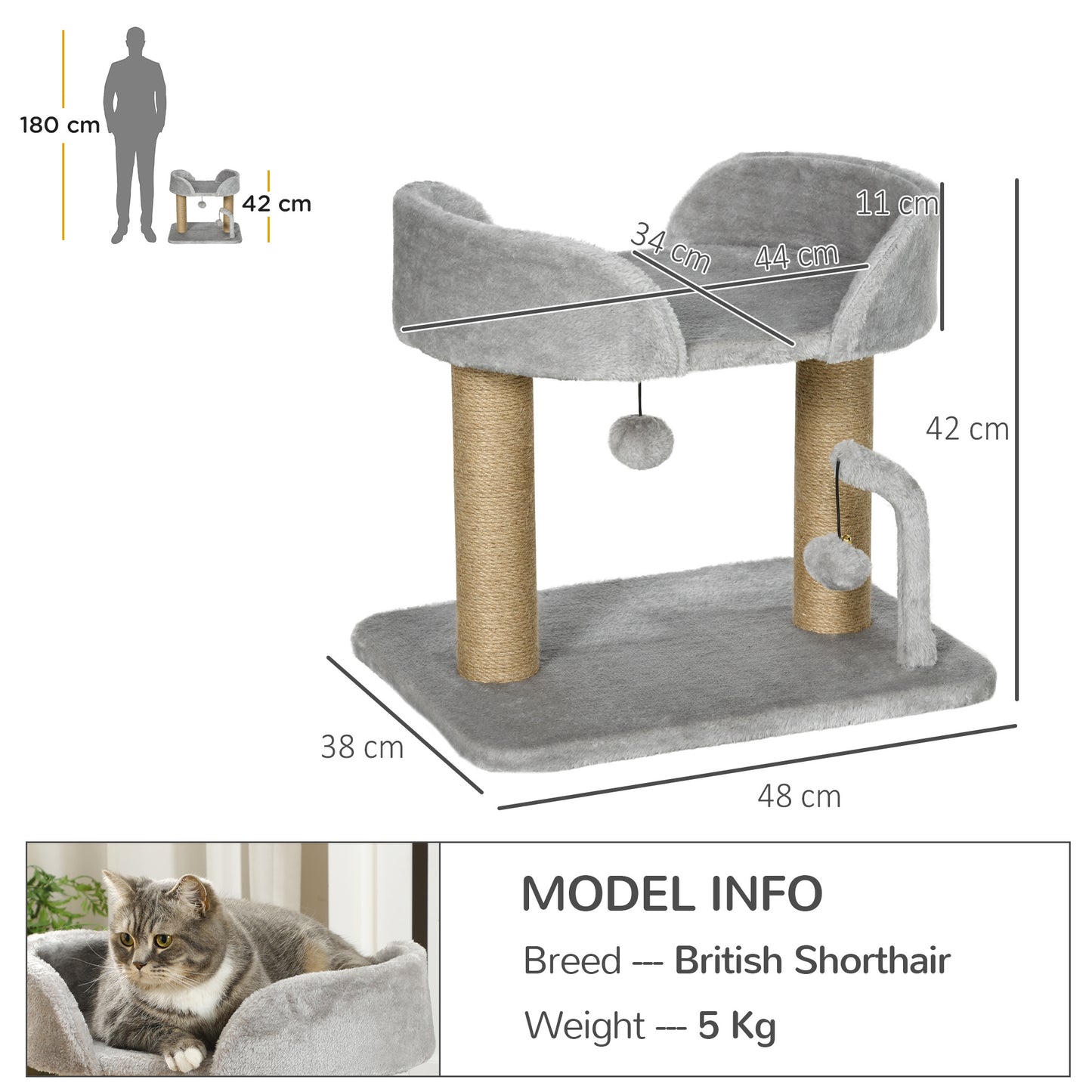 PawHut Designer cat tree scratching post with 2 hanging pom-pom toys 2 jute posts plush jute platform 48 x 38 x 42 cm gray