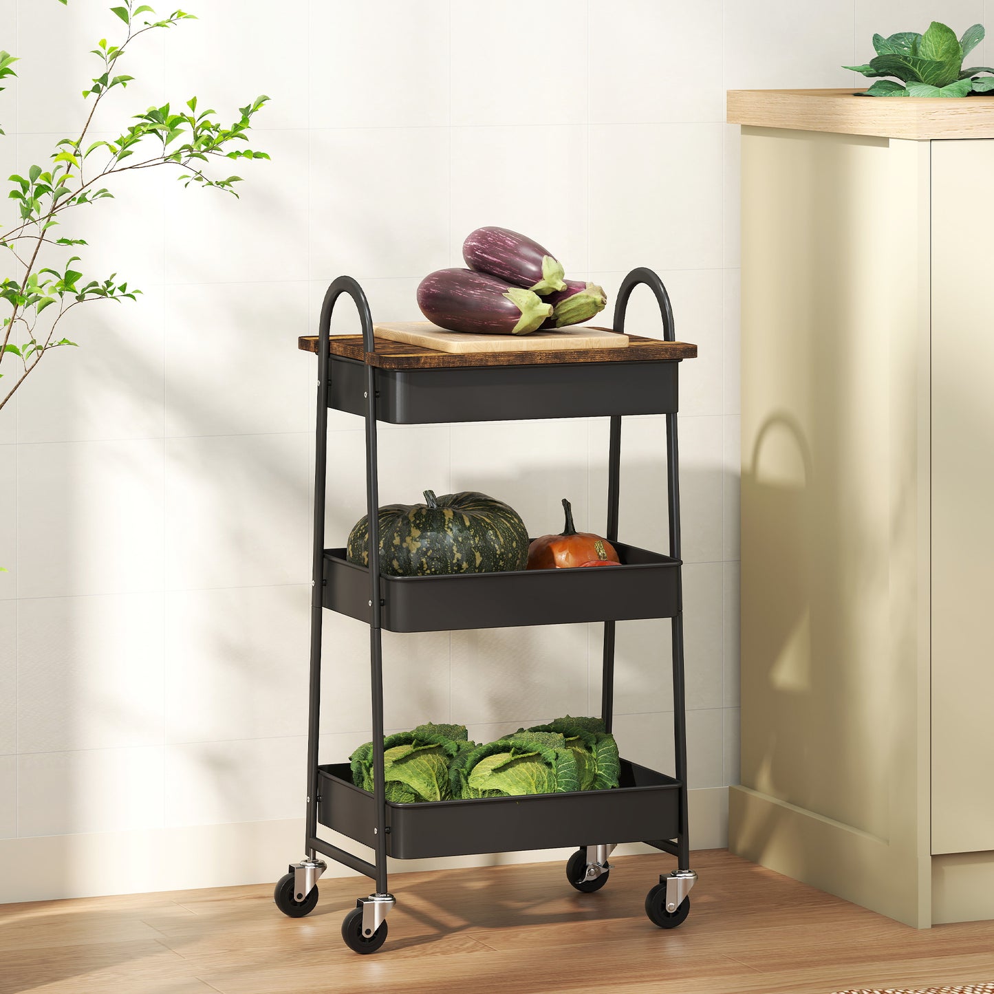 HOMCOM 3-Tier Kitchen Storage Trolley with on Wheels Cover Top Board - Rustic Brown and Black
