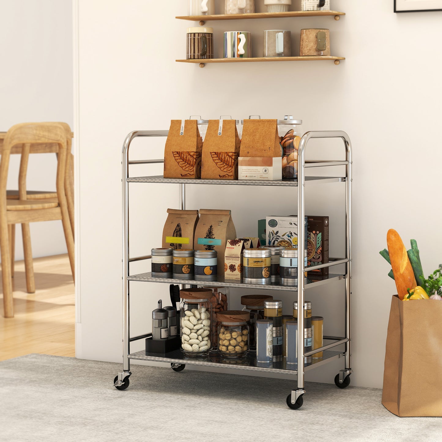 HOMCOM 3 Tier Stainless Steel Kitchen Storage Trolley with Adjustable Shelf - Silver