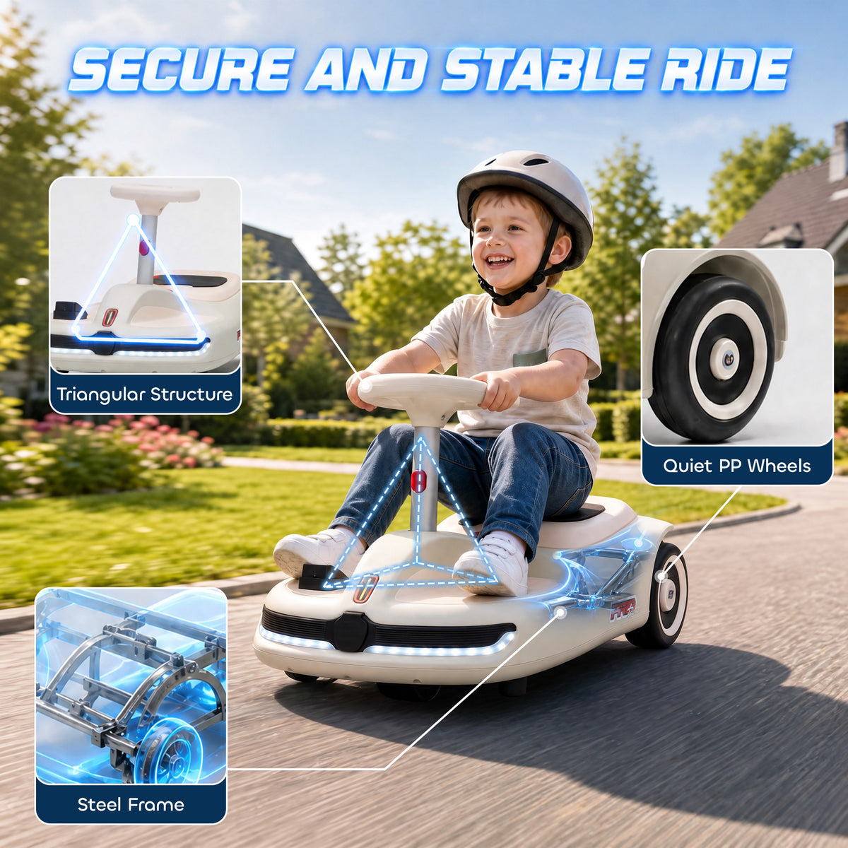 AIYAPLAY 12V Electric Wiggle Car with Pedal, Kids Electric Car with 2 Speeds, Soft Start, Music, Lights for 3-5 Years, White
