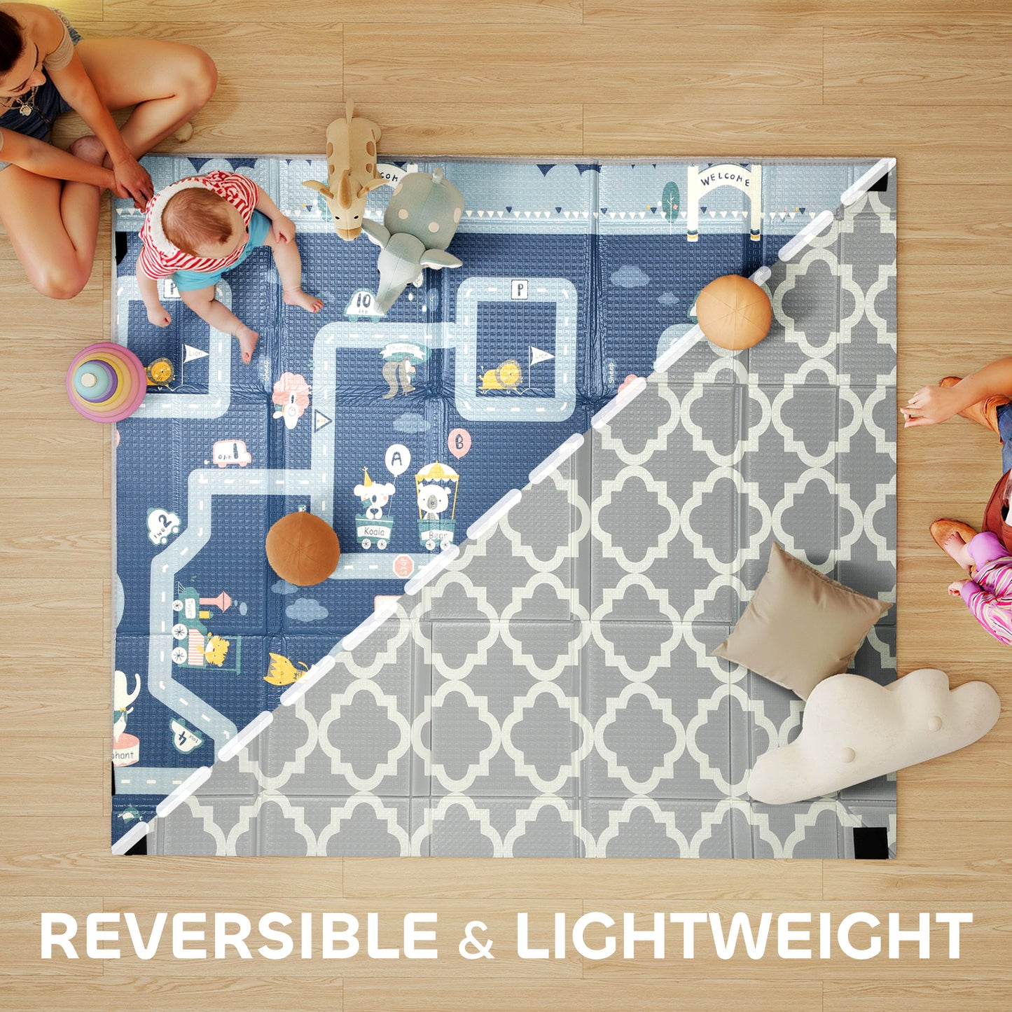  this padded playmat softens falls and supports little ones as they learn to crawl and walk.</li><li>Water-resistant surface: Easily wipe away spills and stains