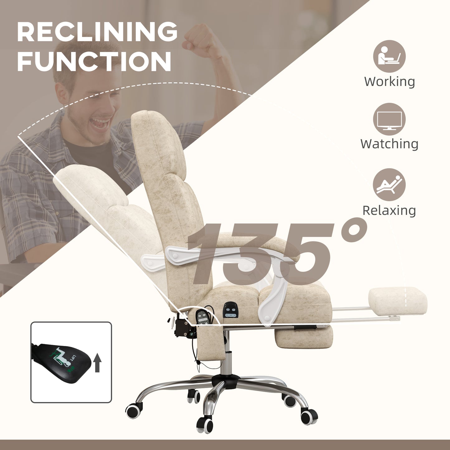 Vinsetto Massage Office Chair, Ergonomic Desk Chair, Comfy Work Study Chair with Heat, Padded Seat, 135Â° Reclining Back and Footrest for Home Office, Beige