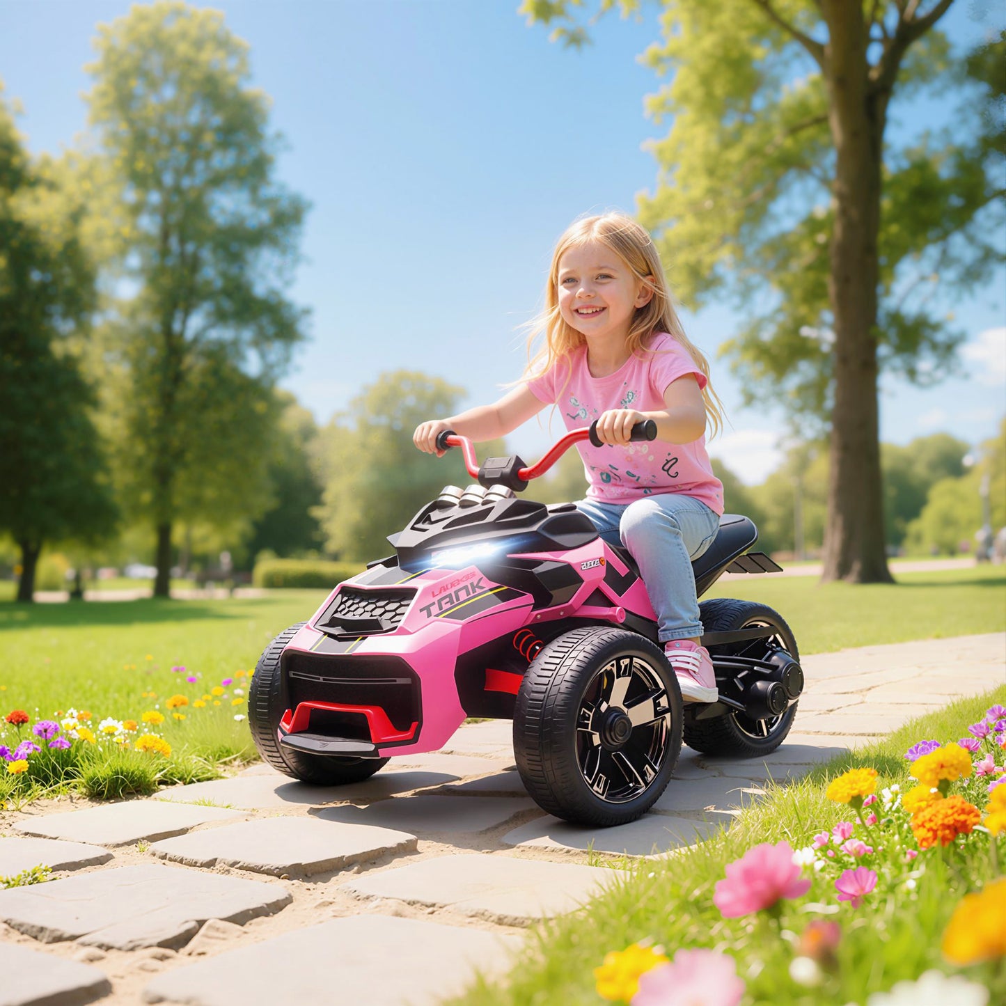 AIYAPLAY 12V Kids Electric Ride On Car with 3 Wheeler, MP3 Player, Horn, 2 Speeds, LED Lights for Boys & Girls Ages 3-8, Pink