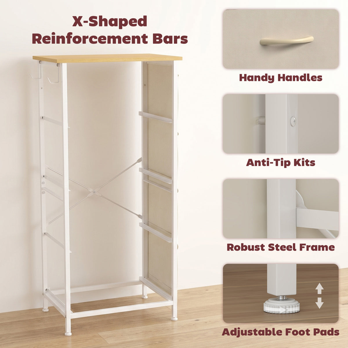 HOMCOM Chest of Drawers with 4 Fabric Drawers, Tall Storage Unit with 2 Hooks and Steel Frame for Bedroom, Beige