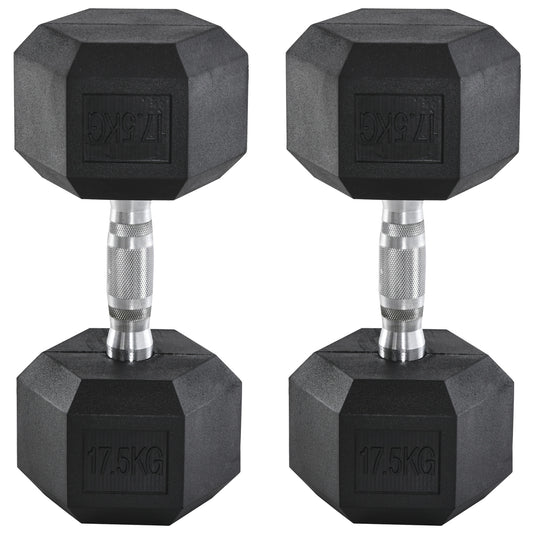 HOMCOM 2 x 17.5KG Rubber Hex Dumbbell Portable Hand Weights Dumbbell Home Gym Workout Fitness Hand Dumbbell
