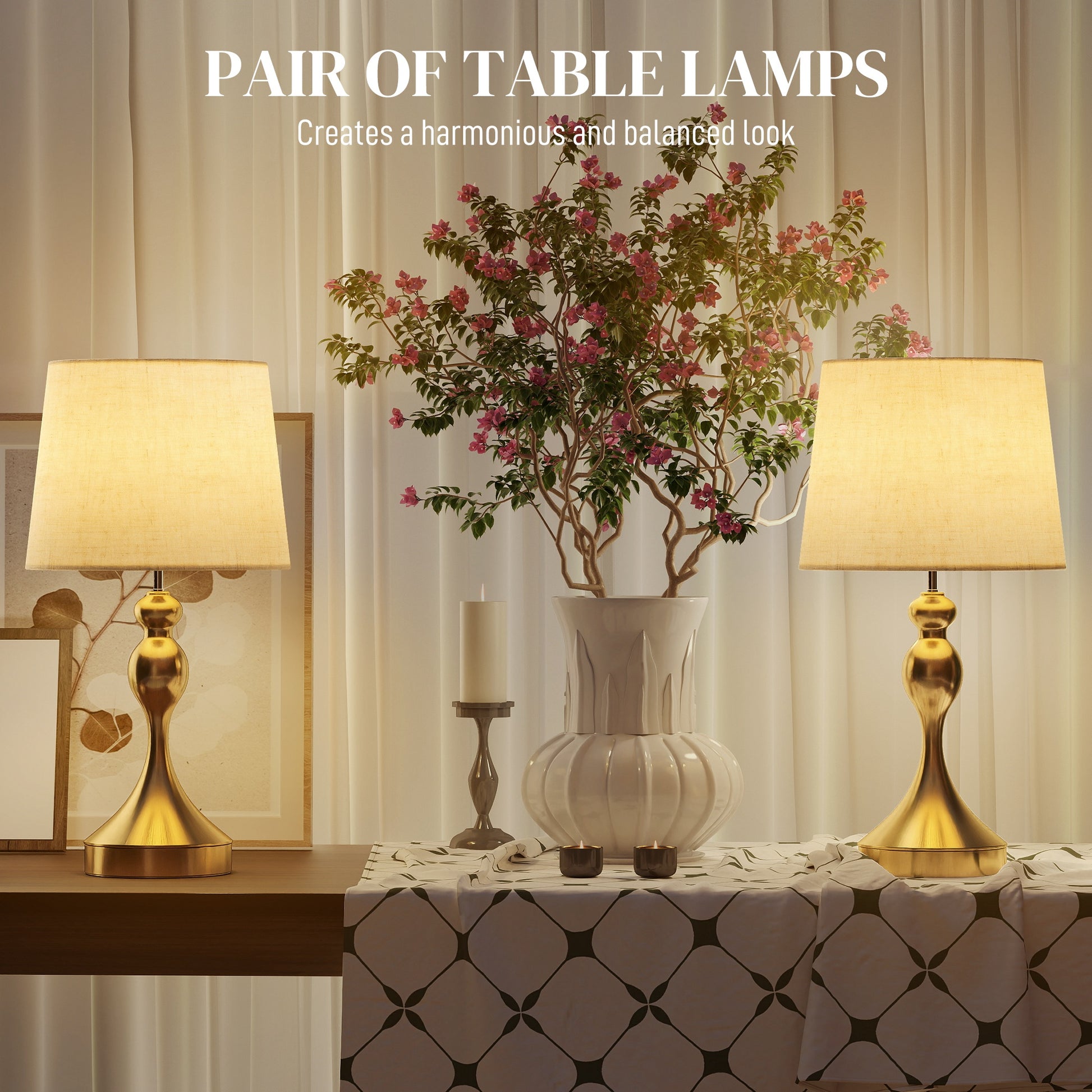 HOMCOM Set of Two Three-Colour Lamps, with USB Ports - Gold Tone
