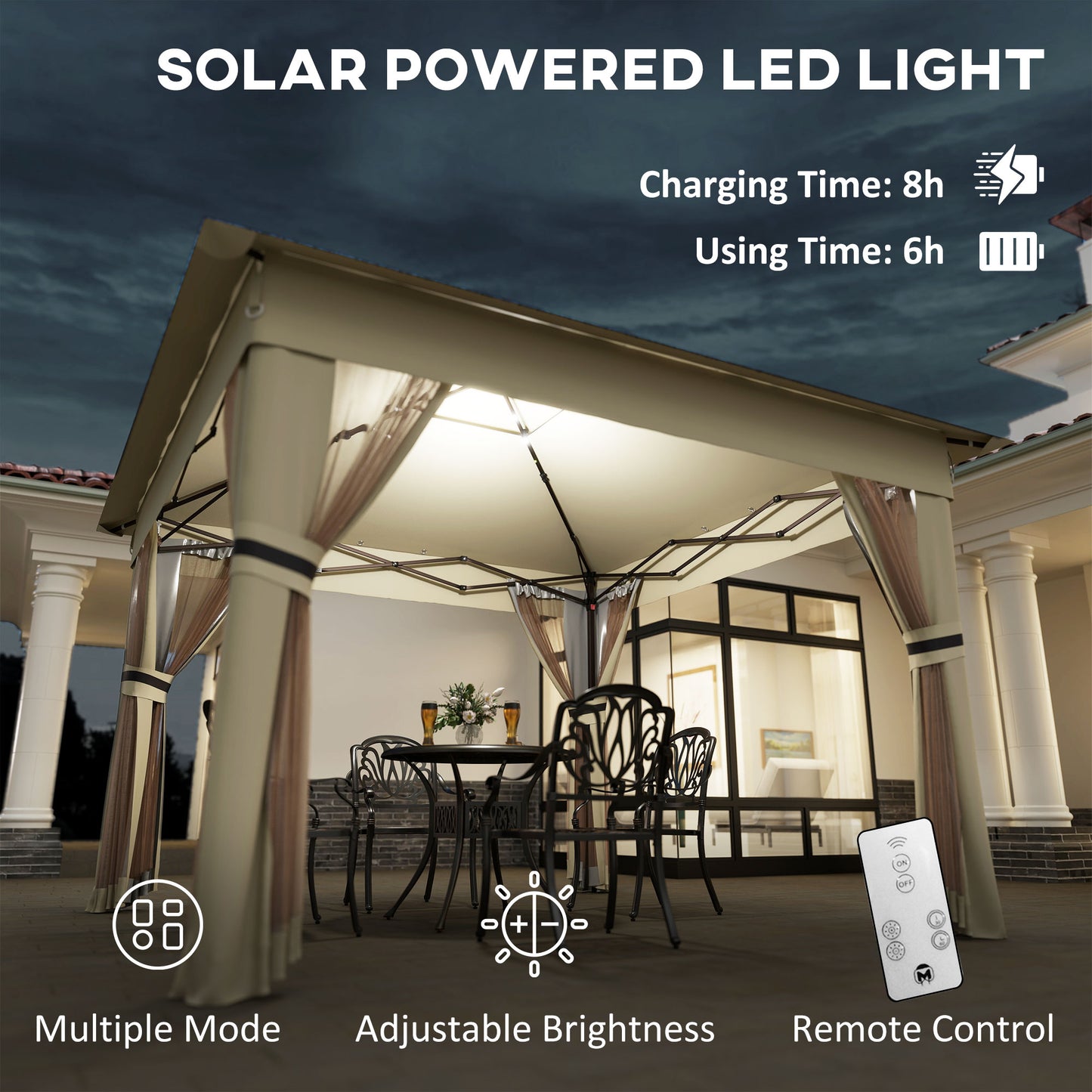Outsunny 3 x 3 Sturdy Pop Up Gazebo with Solar-Powered LED Lights, Adjustable for Outdoor Events, Khaki