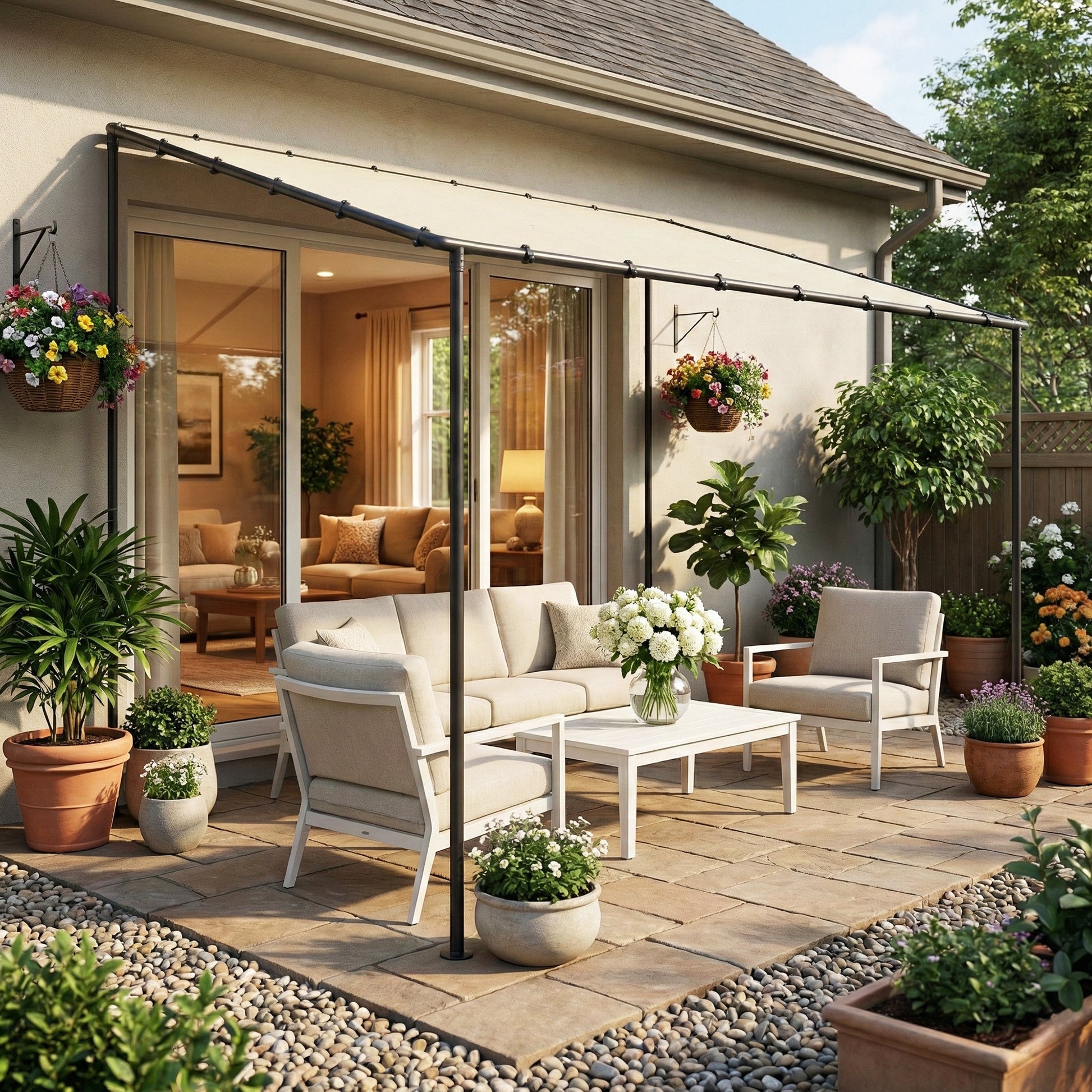 Outsunny 3 x 2 m Lean to Garden Pergola, Metal Frame Gazebo Pergola with UPF30+ Protection, Sloped Roof, Drainage Holes, Cream