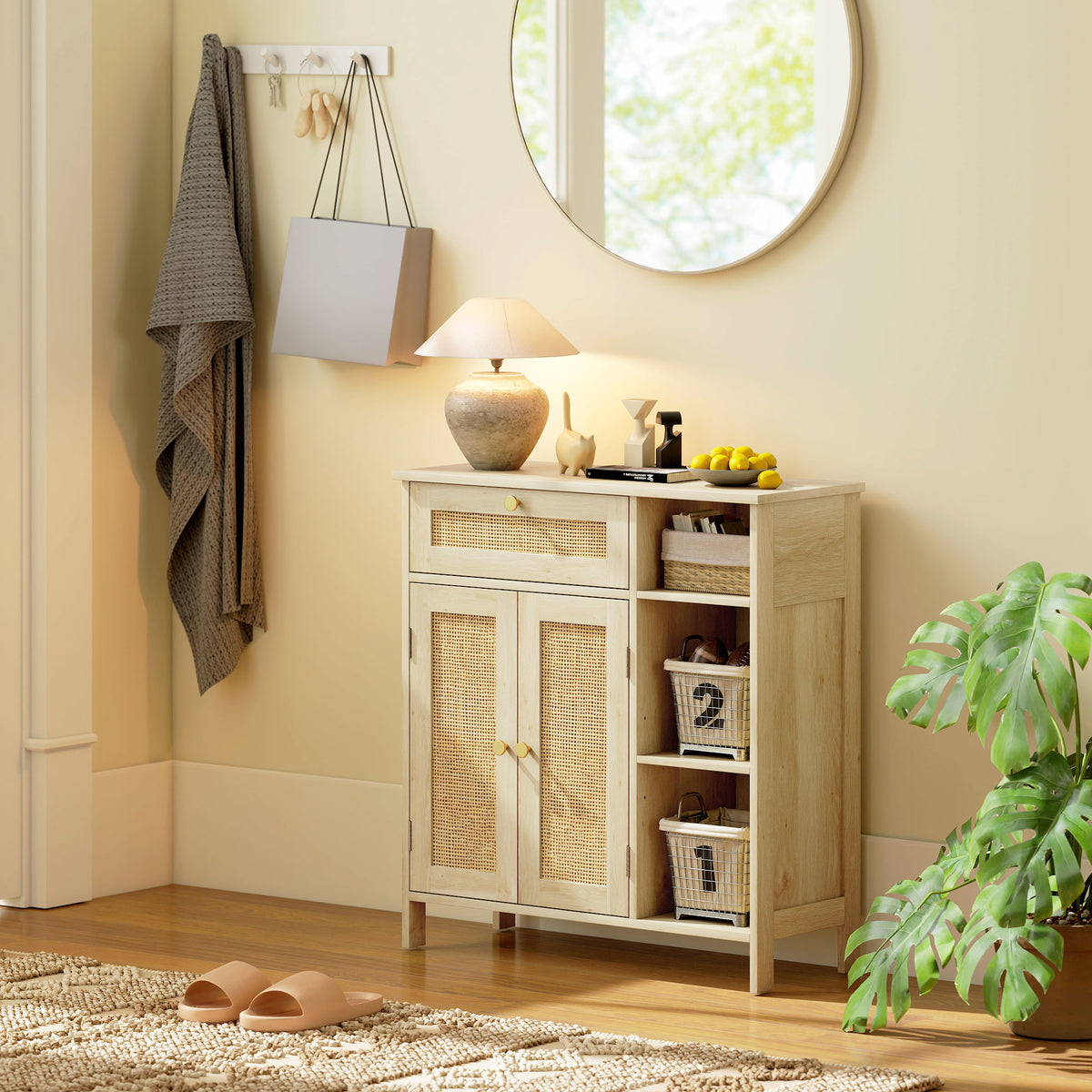 HOMCOM Rattan Sideboard Cabinet with Drawer 2 Doors Adjustable Shelves Kitchen Storage 75 x 30 x 79.5 cm Natural Wood Effect