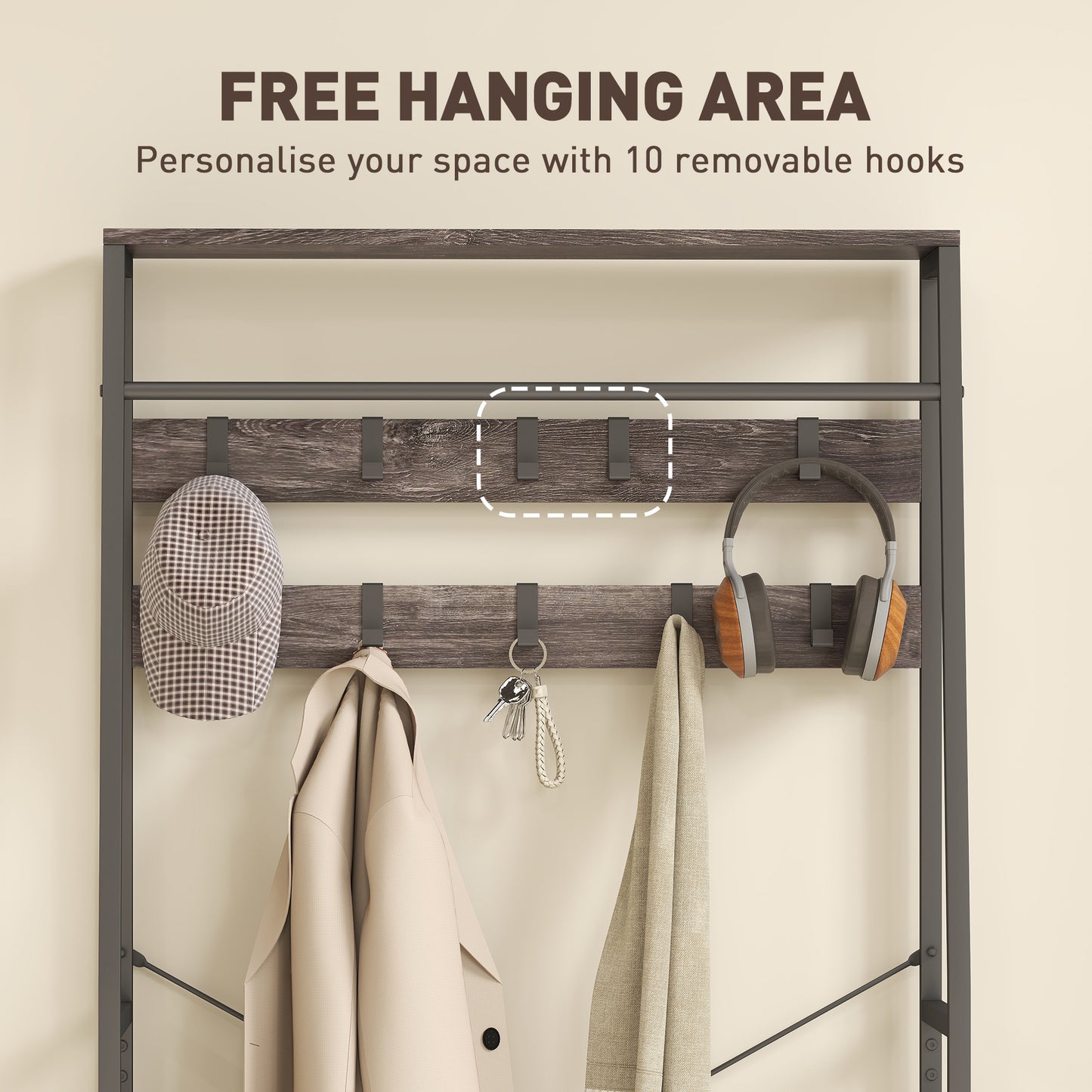 HOMCOM Coat Rack with Shoe Storage, Hall Tree, Industrial Coat Stand with Shoe Bench, 10 Removable Hooks, 2 Fabric Drawers and Clothes Rail for Entryway, Hallway, Grey