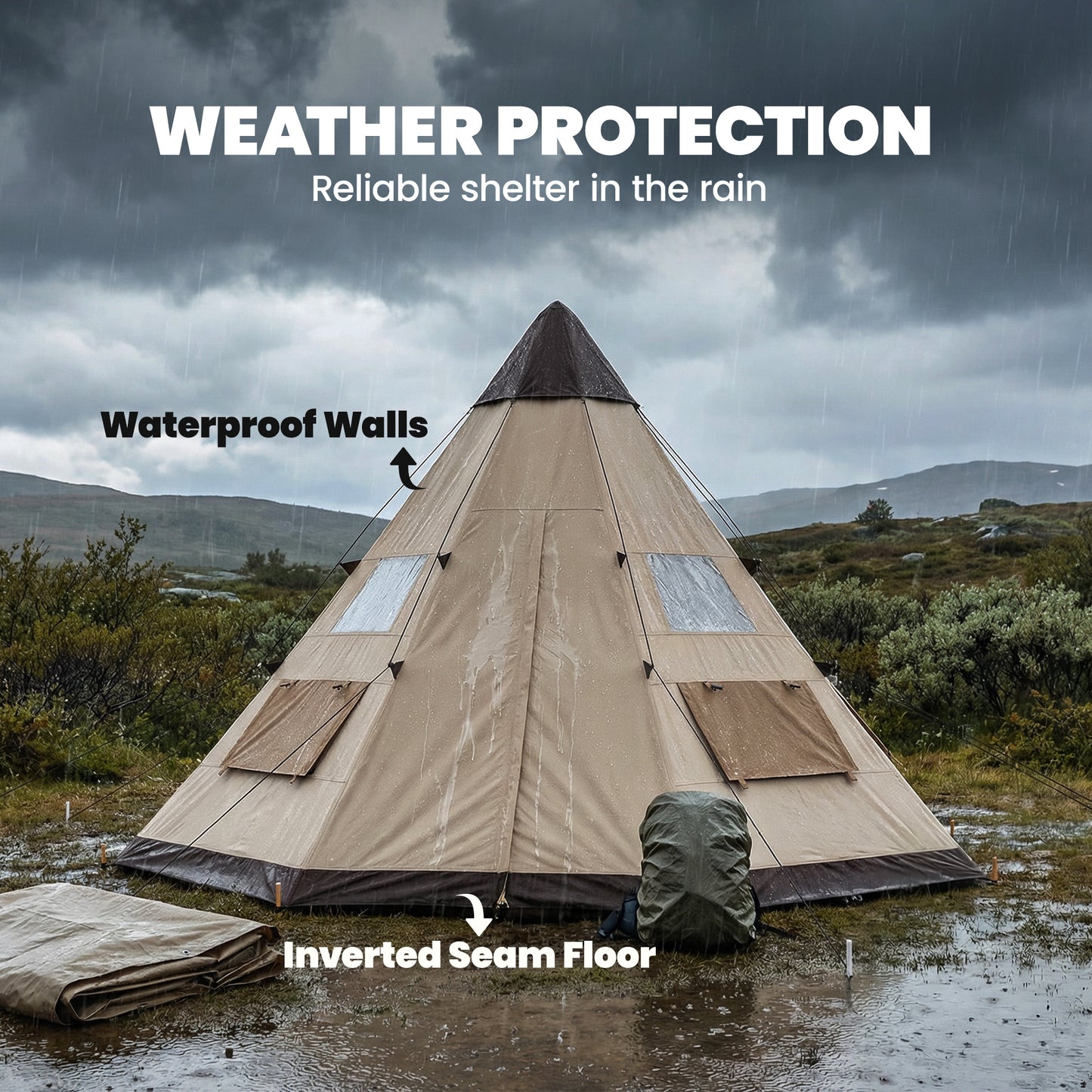 Outsunny 6 Men Tipi Tent with Carry Bag - Khaki