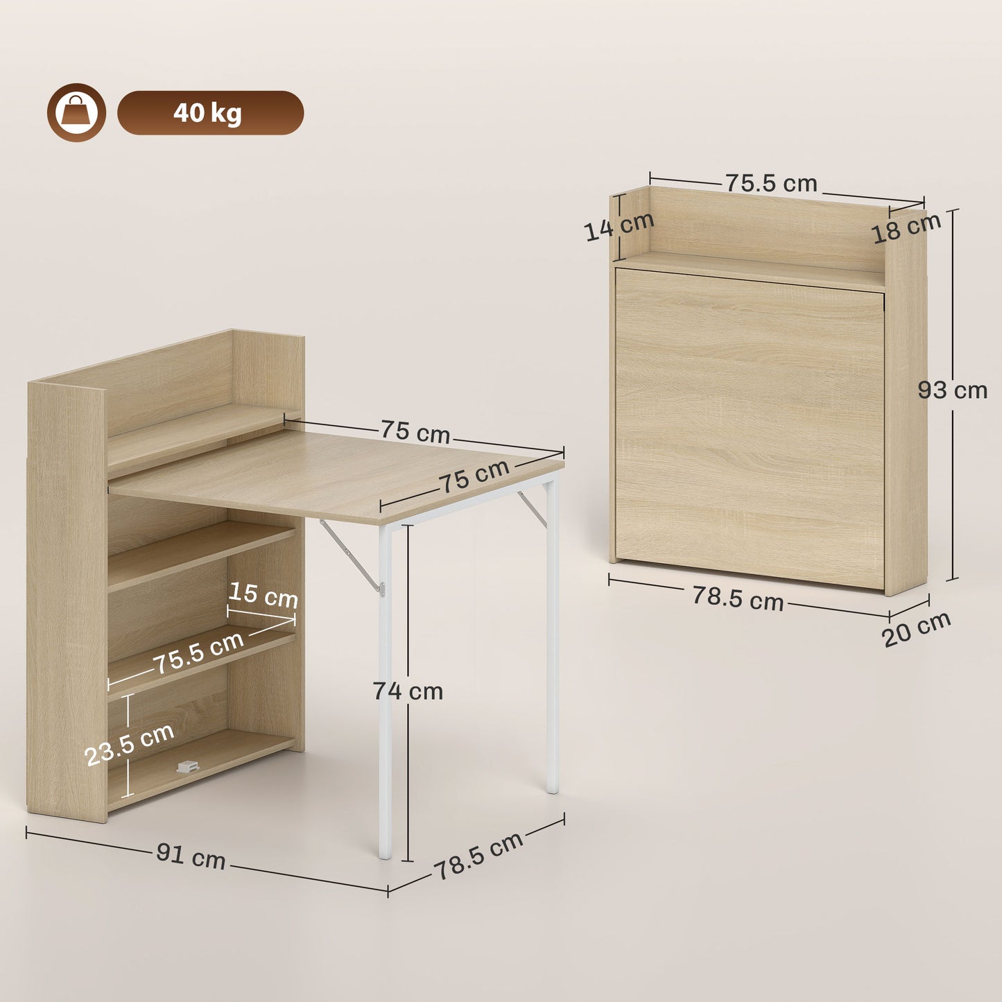 HOMCOM Kitchen Table, Folding Dining Table, with 4-Tier Shelves, Modern Drop-Leaf Table, Oak Wood Effect