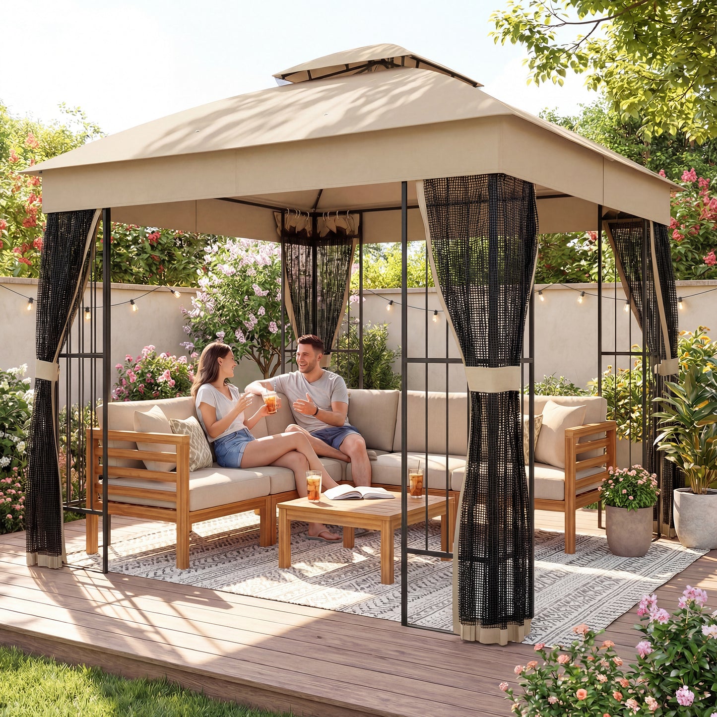 Outsunny 3 x 3 m Outdoor Garden Gazebo with Post Shelves, UPF50+ DoubleÂ Roof Patio Permanent Pavilion, Brown