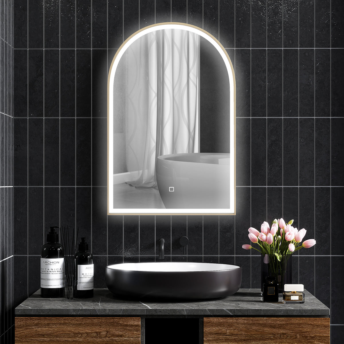 HOMCOM 90 x 60 cm Bathroom Mirror with LED Lights, Anti-Fog Arched Vanity Mirror with 3 Colour Dimmable, Gold Tone