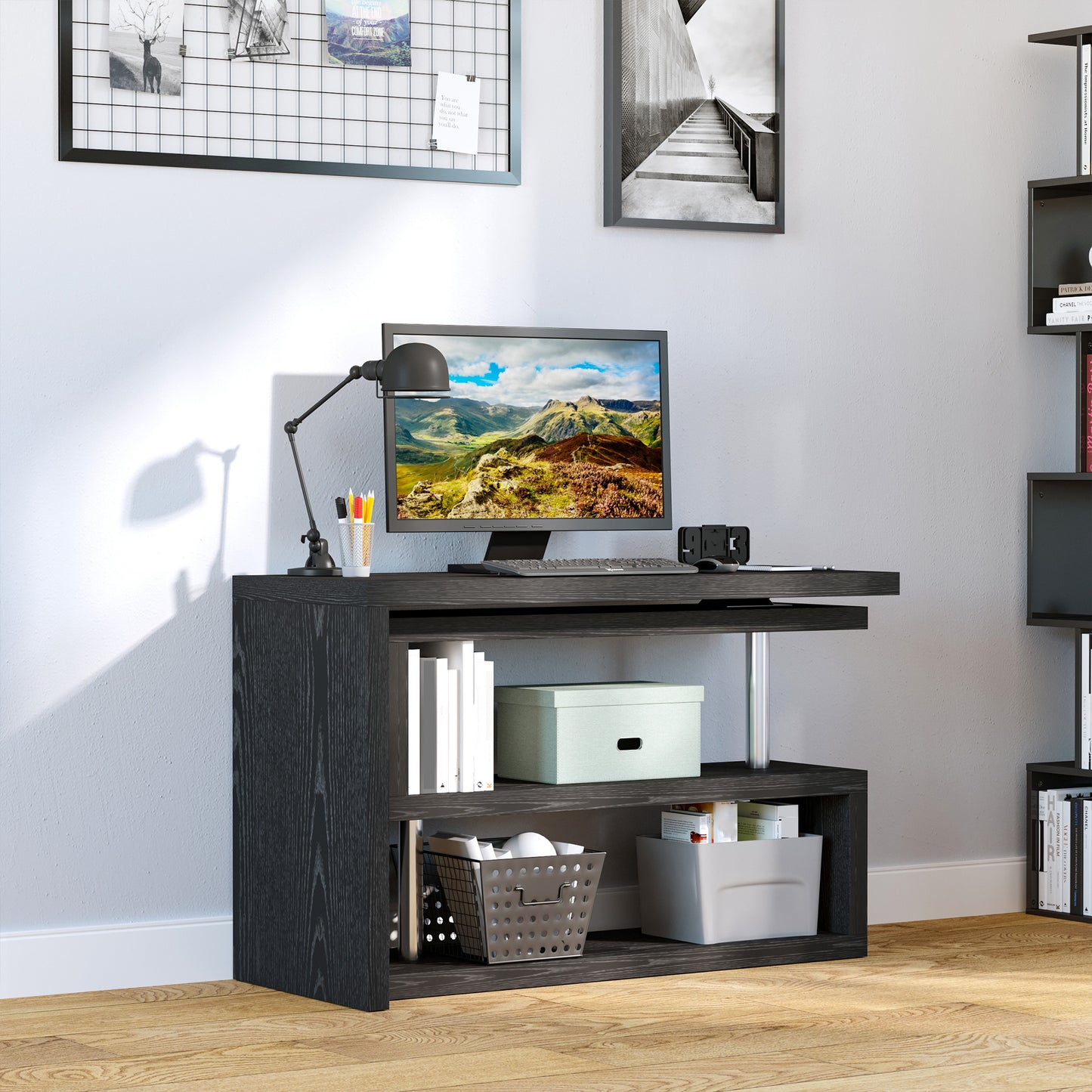 HOMCOM L Shaped Desk with 360Â° Rotating Storage Shelves, Corner Computer Desk, Space Saving Study Table for Home Office, Black