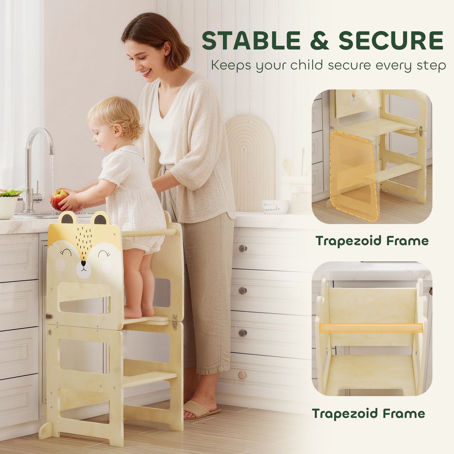 AIYAPLAY Toddler Step Stool, Standing Tower with Chalkboard, 3-in-1 Fox-Shaped Step Stool for Kitchen Counter, Natural