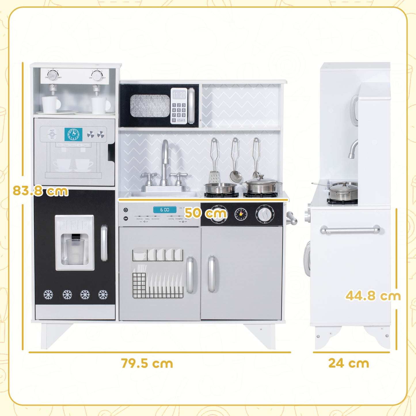 AIYAPLAY Kids Play Kitchen with Sound, Ice/Coffee Maker, Utensils, Microwave, Stainless Steel Utensils, for 3-6 Years