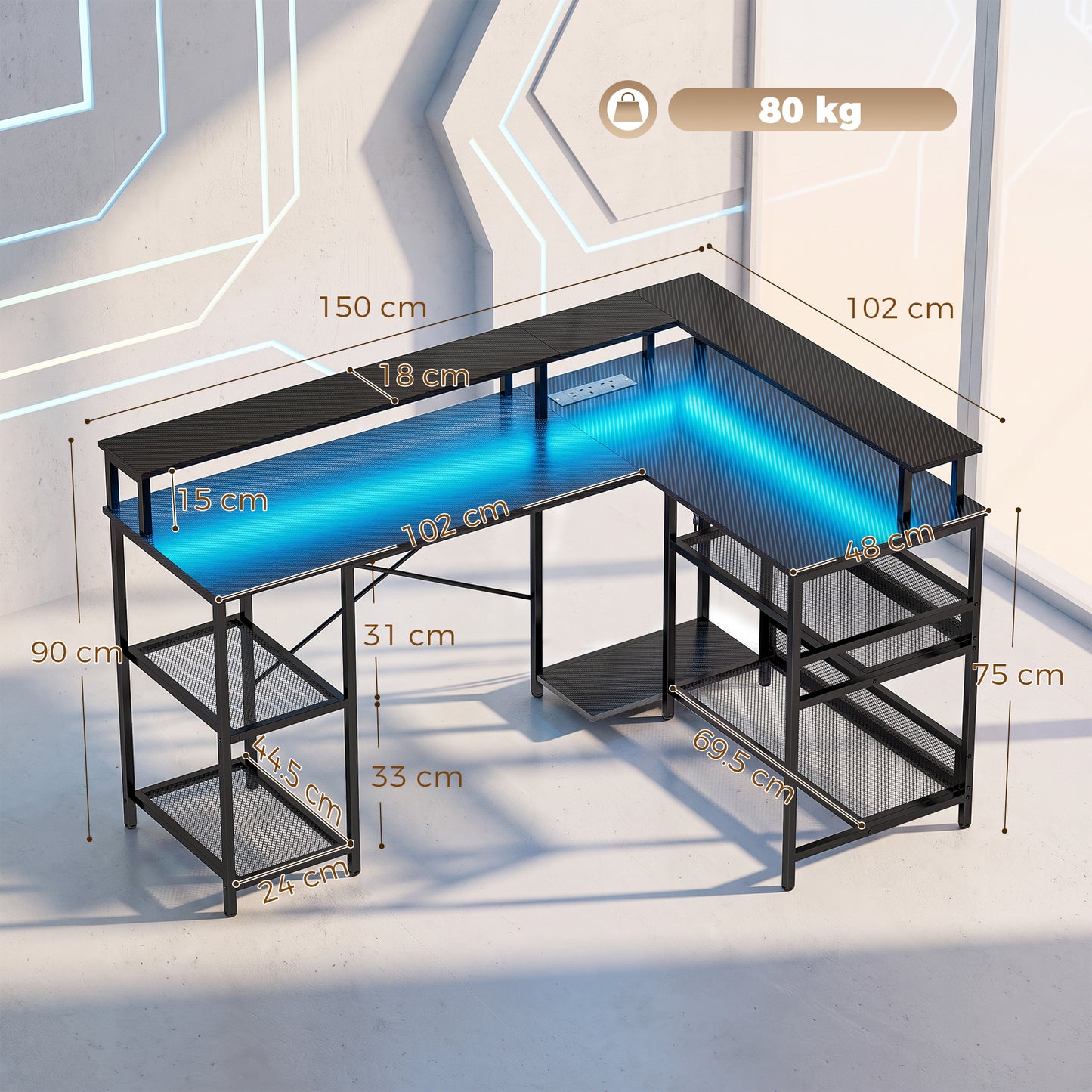 HOMCOM L Shaped Gaming Desk with LED Lights and Power Outlets, 150cm Corner Computer Desk for Small Space, Black