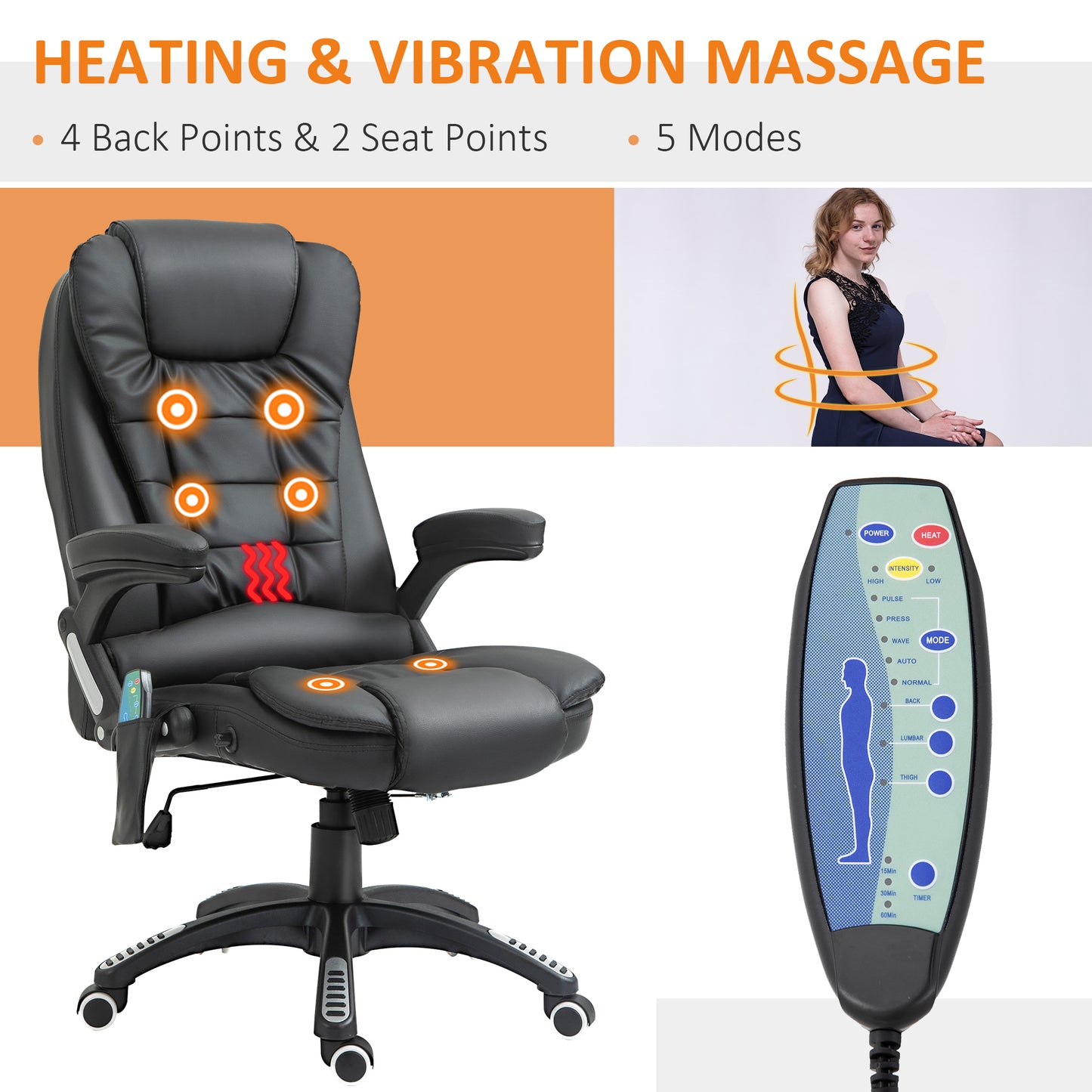 HOMCOM 6-Point Massage Office Chair with Seat Heated for Home Office, PU Leather High Back Executive Desk Chair with Adjustable Height and 360Â° Swivel for Work Study, Black