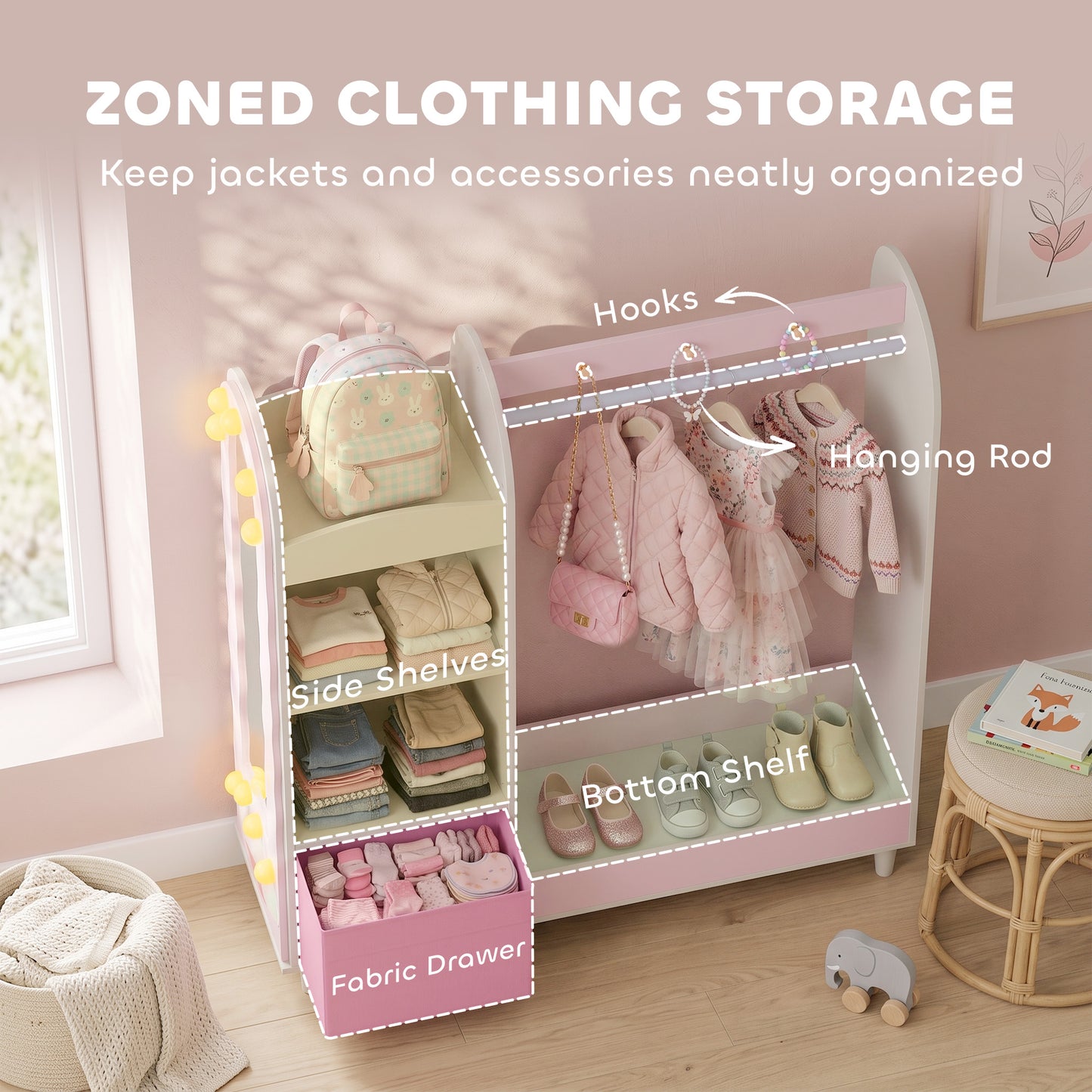 AIYAPLAY Kids Clothing Rack, Kids Wardrobe with Glowing Lights Mirror, Non-Woven Drawer and Shelves for Bedroom, Ages 3-8, Pink