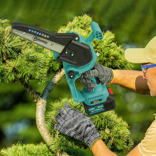 Outsunny Mini Chainsaw Cordless, 8 Inch Electric Chainsaw with 2 x 4000mAh Batteries, Brushless Motor and Safety Lock for Tree Trimming, Garden, Wood Cutting, Blue