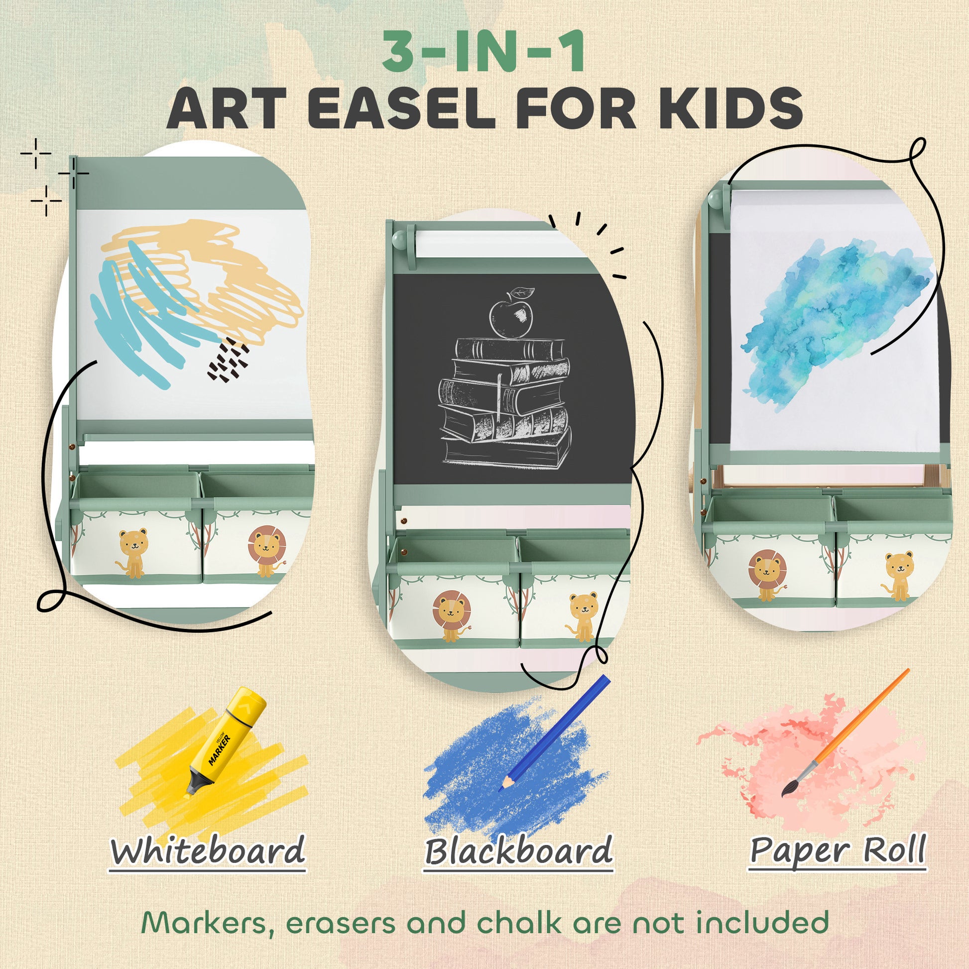 AIYAPLAY Art Easel for Kids, Double-Sided Whiteboard/Blackboard with Paper Roll, Two Storage Boxes, for Ages 3-8 Years, Green