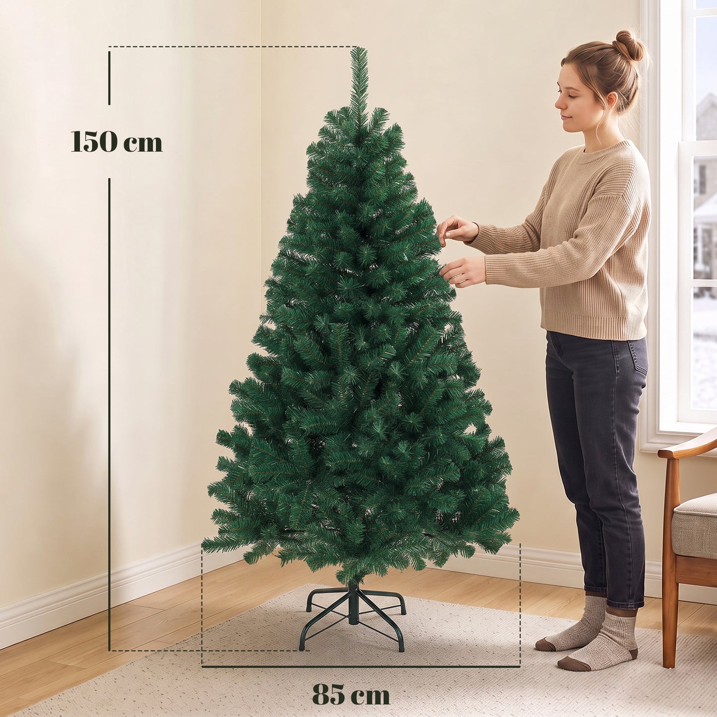 HOMCOM 5ft Artificial Christmas Tree, Fir Hinged Xmas Tree with 420 Branch Tips, Foldable Steel Stand, Green
