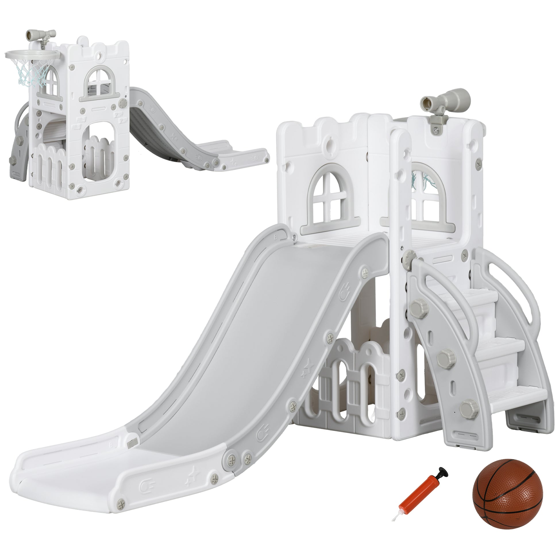 AIYAPLAY 5 in 1 Toddler Slide with Basketball Hoop, Climber, Telescope, Storage Basket, for Ages 1-3 Years, Grey