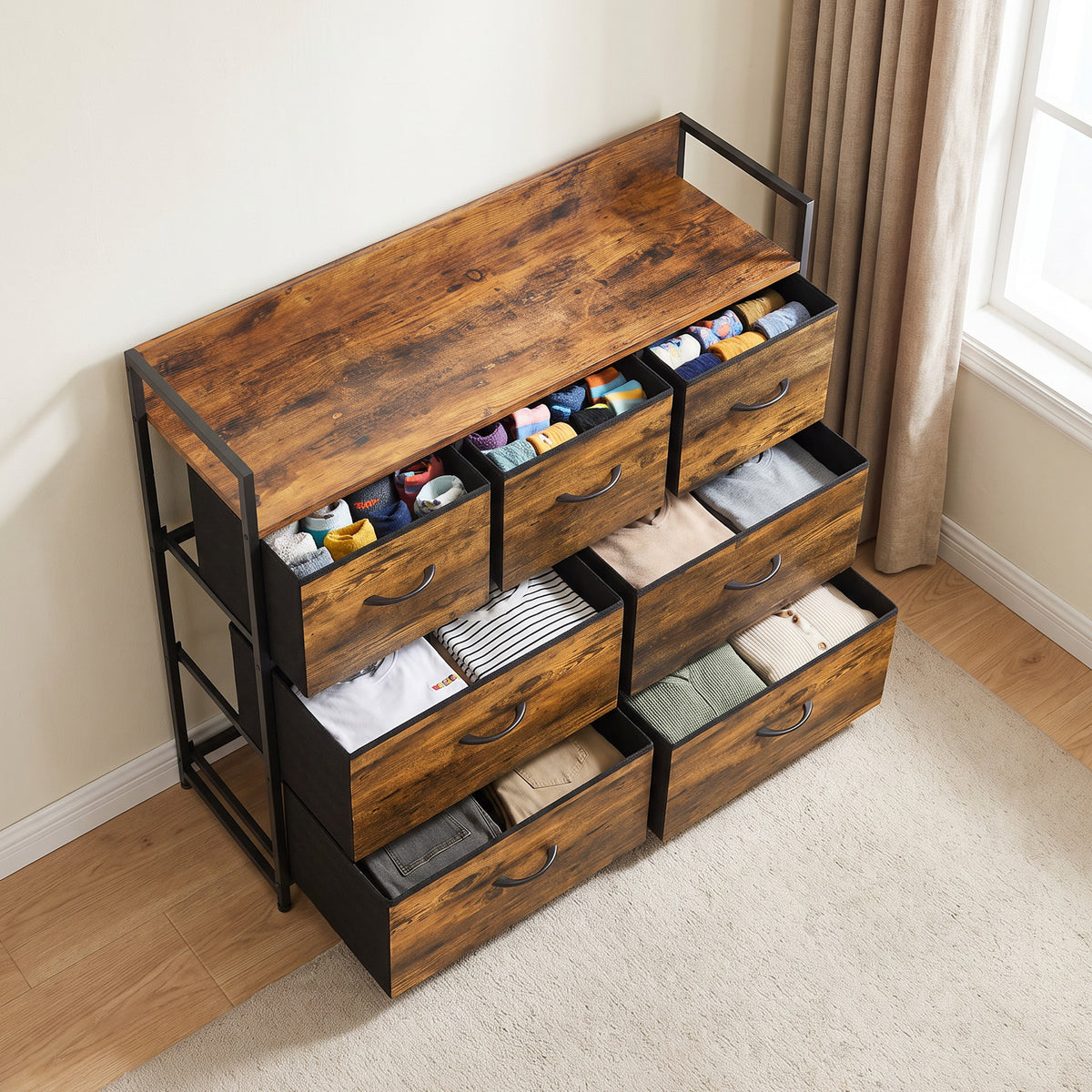 HOMCOM Chest of Drawers with 7 Drawers, Industrial Fabric Storage Unit with Top Shelf and Steel Frame for Bedroom, Rustic Brown