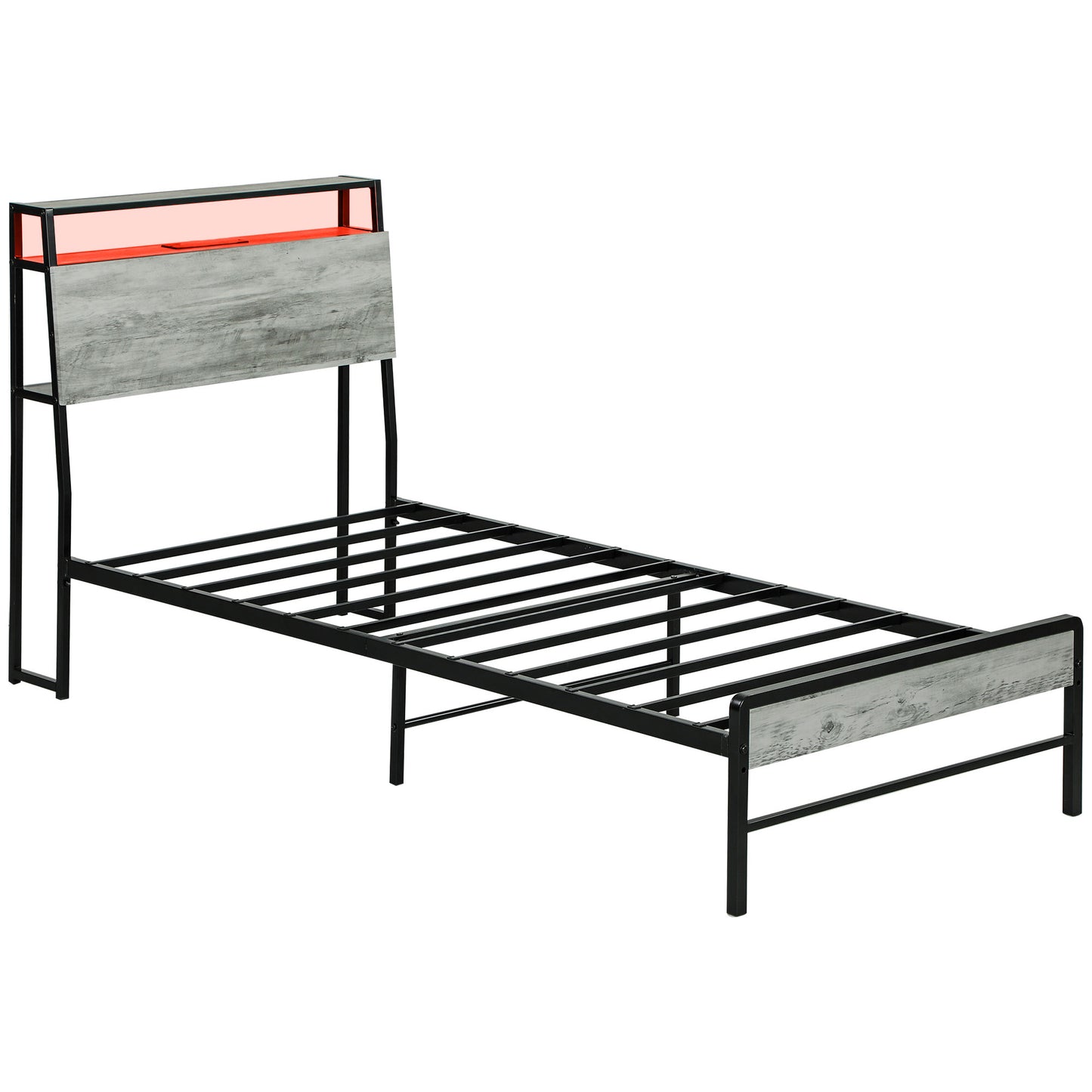 HOMCOM Single Steel Bed Frame, with LED Lights and Shelf - Grey
