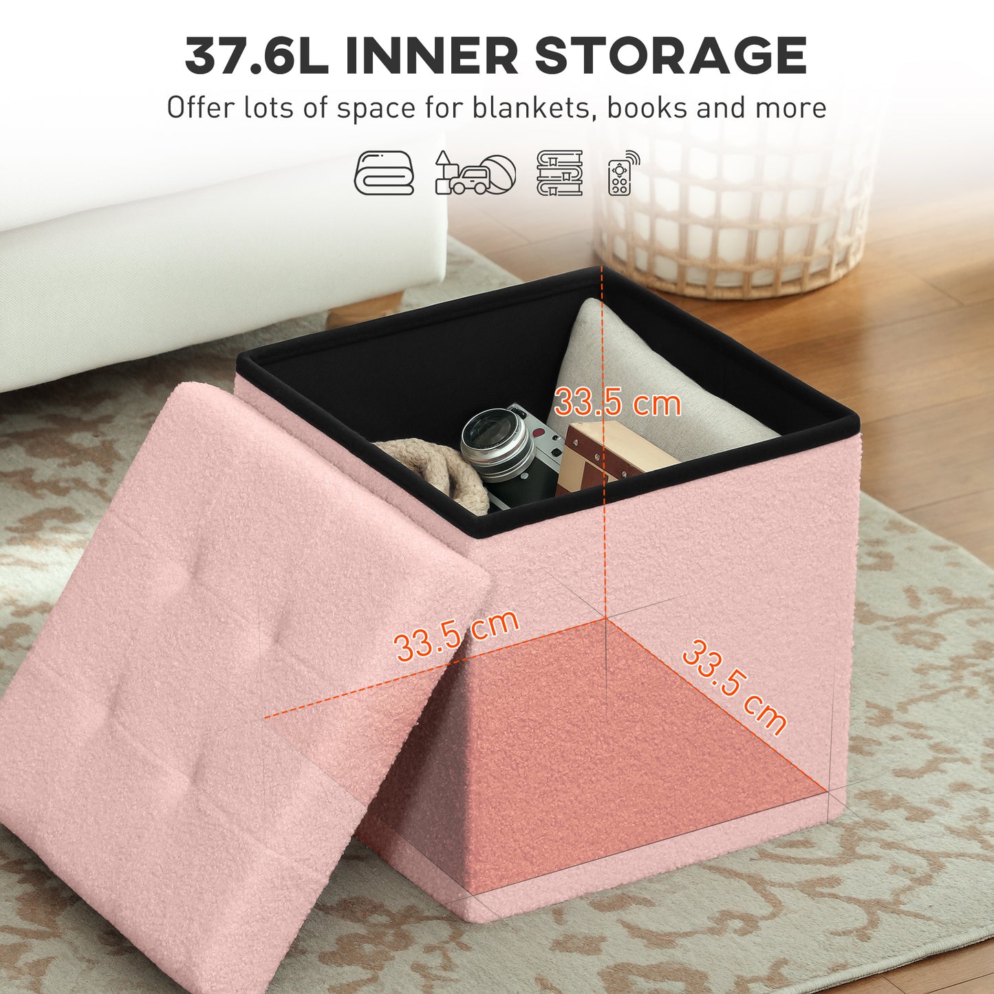 HOMCOM Foldable Sherpa Fleece Storage Ottoman - Pink