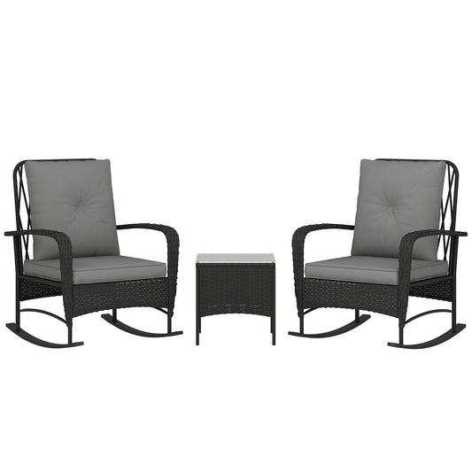 Outsunny Three-Piece Rocking Chair Rattan Bistro Set - Black