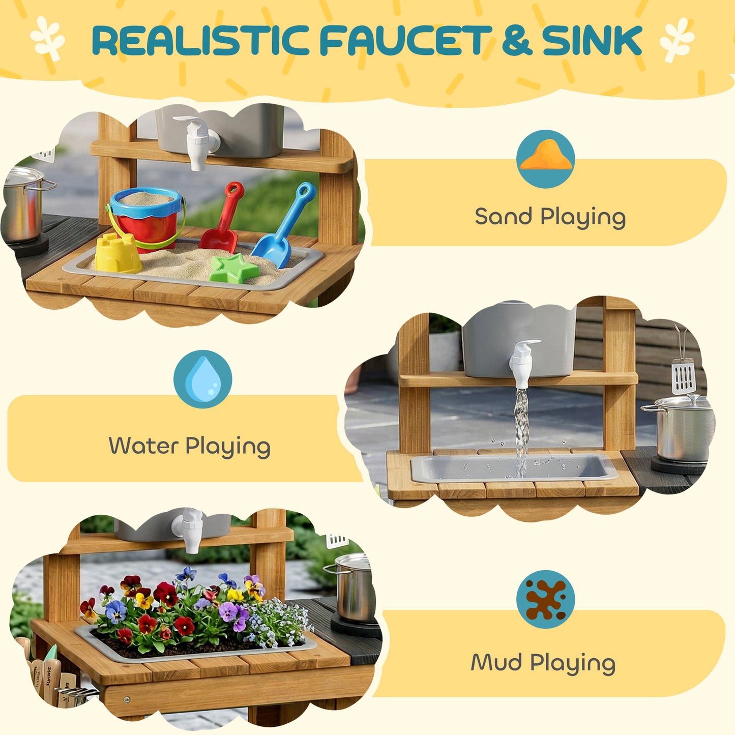 AIYAPLAY Wooden Mud Kitchen with Wheels, Stove, Faucet, Flower Pots, Stainless Steel Accessories for Toddlers 3-6, Brown