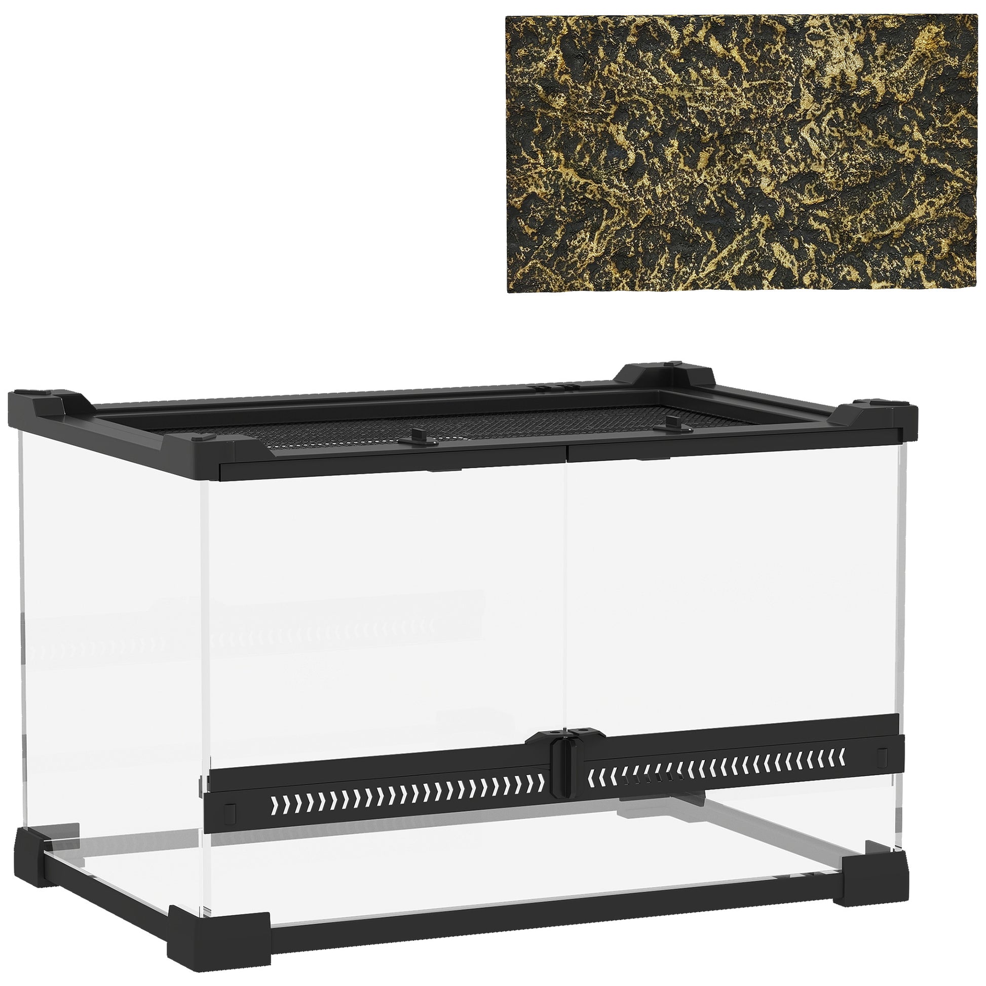 PawHut Reptile Glass Terrarium with Stone Background, Front Ventilation, Escape-Proof Knob Lock, 30 x 20 x 20 cm, Black Default Title
