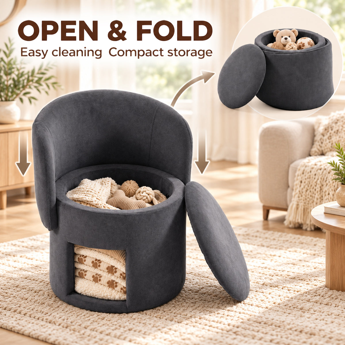HOMCOM Cat-Scratch Fabric Upholstered Accent Chair with Cat Condo, Fold-Down Backrest, Lift-Up Seat Lid for Bedroom, Dark Grey