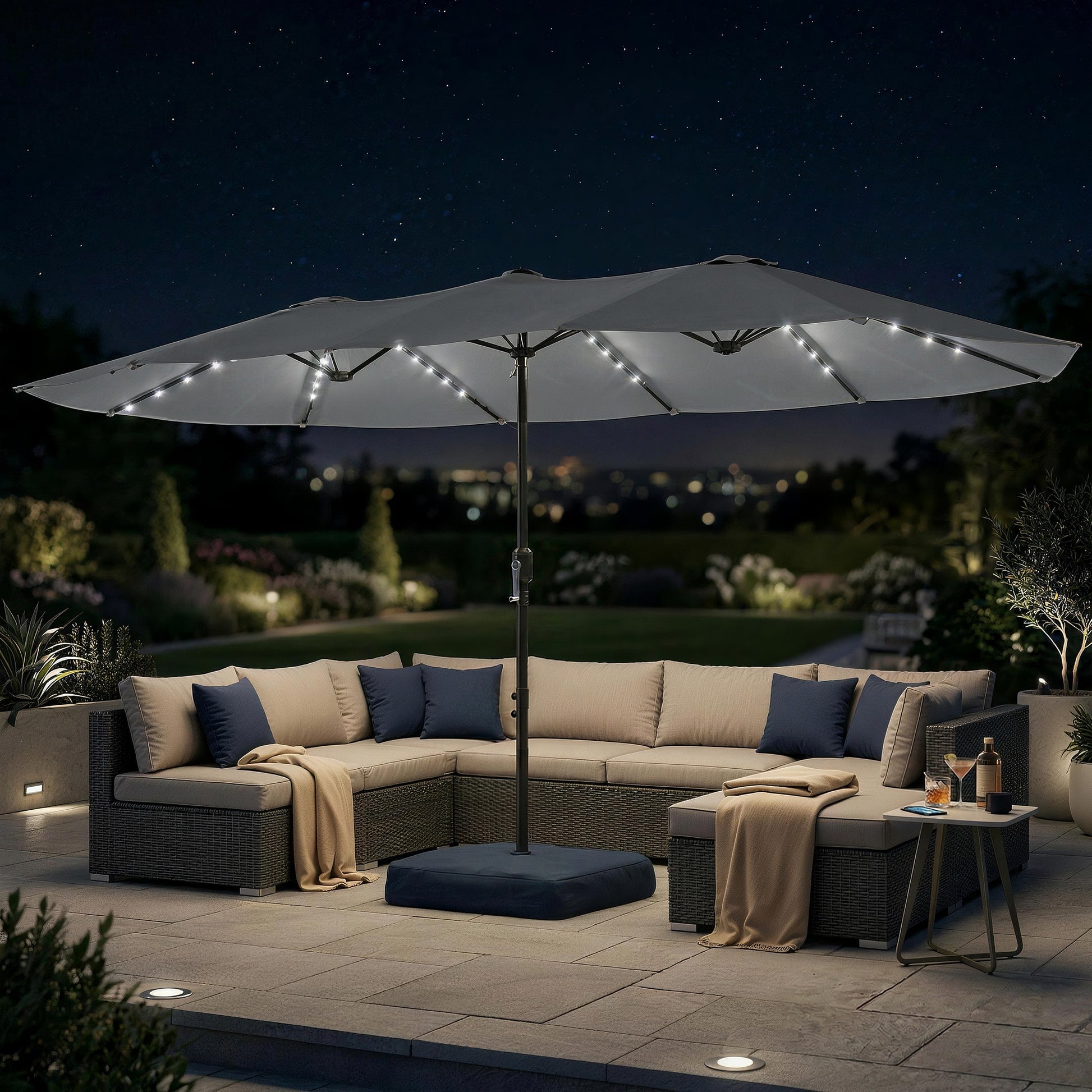 Outsunny Patio Umbrella Double-Sided Outdoor Umbrella with Solar Lights Base, Grey