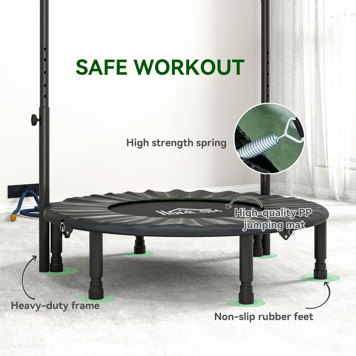 HOMCOM 40" Foldable Mini Fitness Trampoline, with Adjustable Foam Handle, Green - LiamsBargains.co.uk