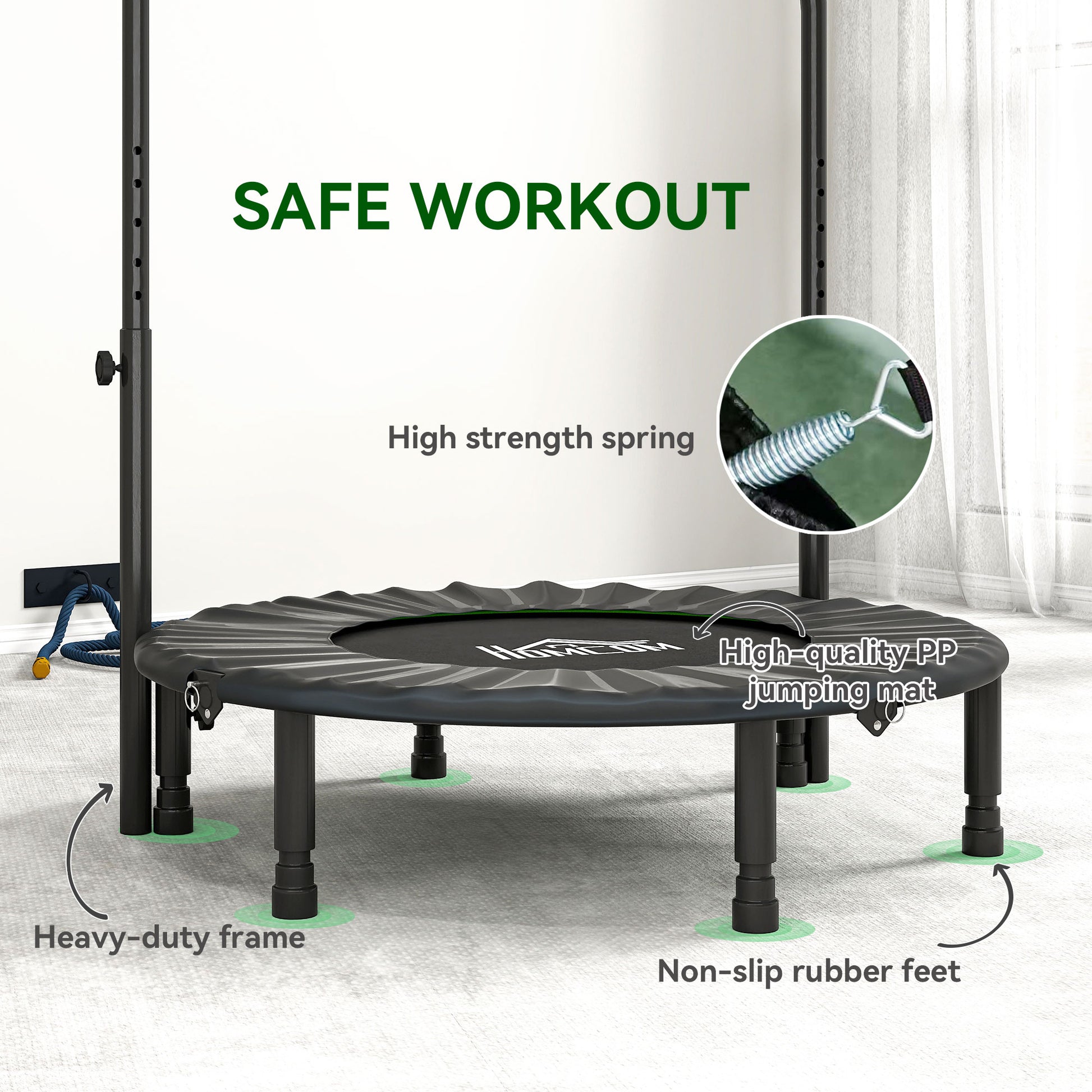 HOMCOM 40" Foldable Mini Fitness Trampoline, with Adjustable Foam Handle, Green - LiamsBargains.co.uk