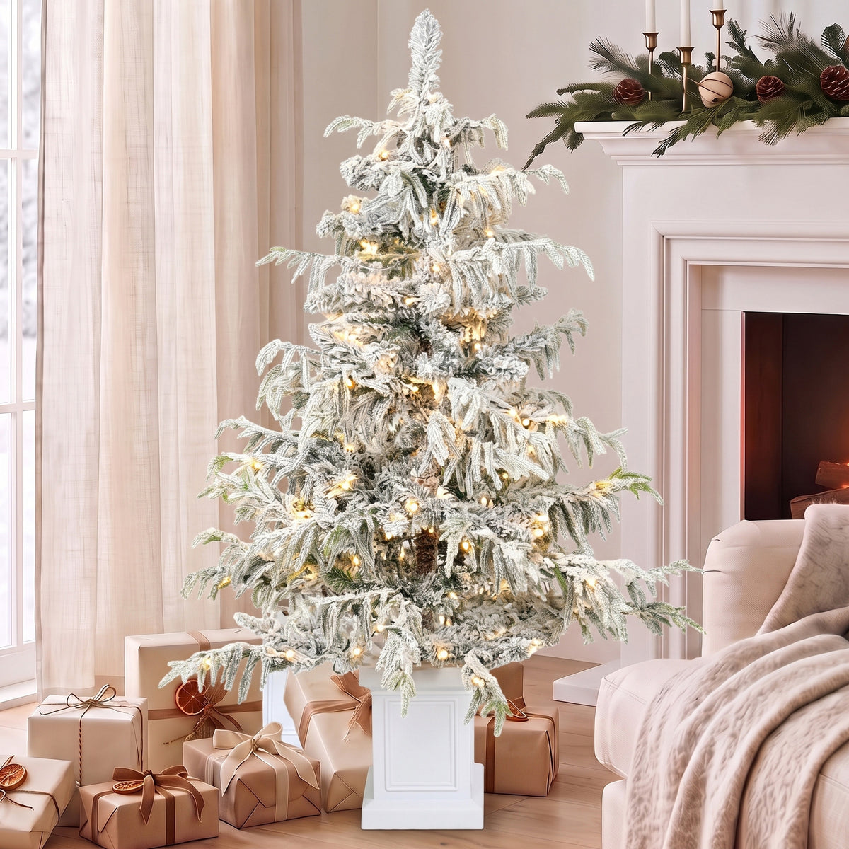 HOMCOM 4ft Prelit Flocked Christmas Tree, Artificial Snow Flocked Spruce with 160 Warm White LED Lights, 8 Modes, Green