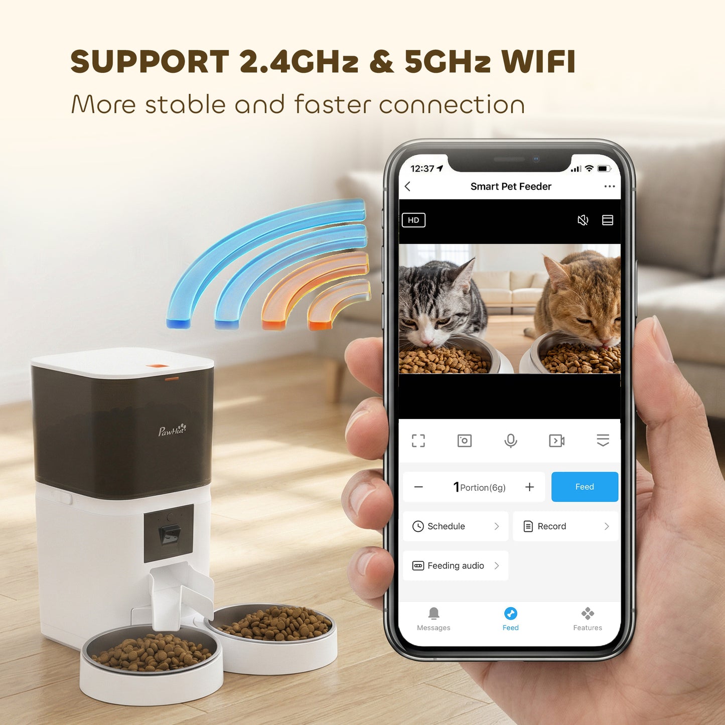 PawHut Automatic Cat Feeder for 2 Cats with HD Cameraï¼Œ2.4G & 5G WiFi Pet Food Dispenser 6L APP Control