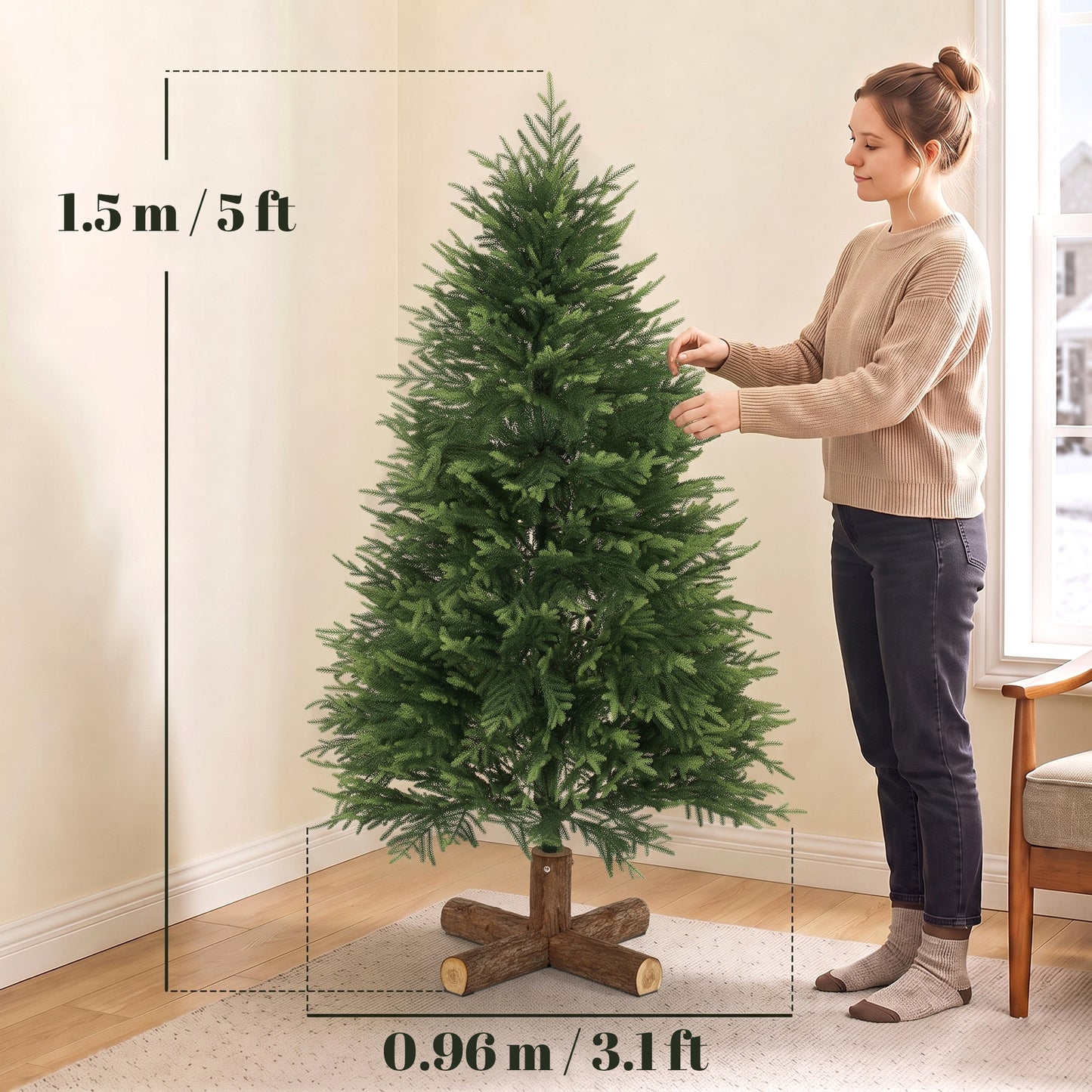 HOMCOM 5ft Artificial Christmas Tree, Hinged Xmas Tree with Realistic 513 PE & PVC Branch Tips, Fir Wood Base, Green