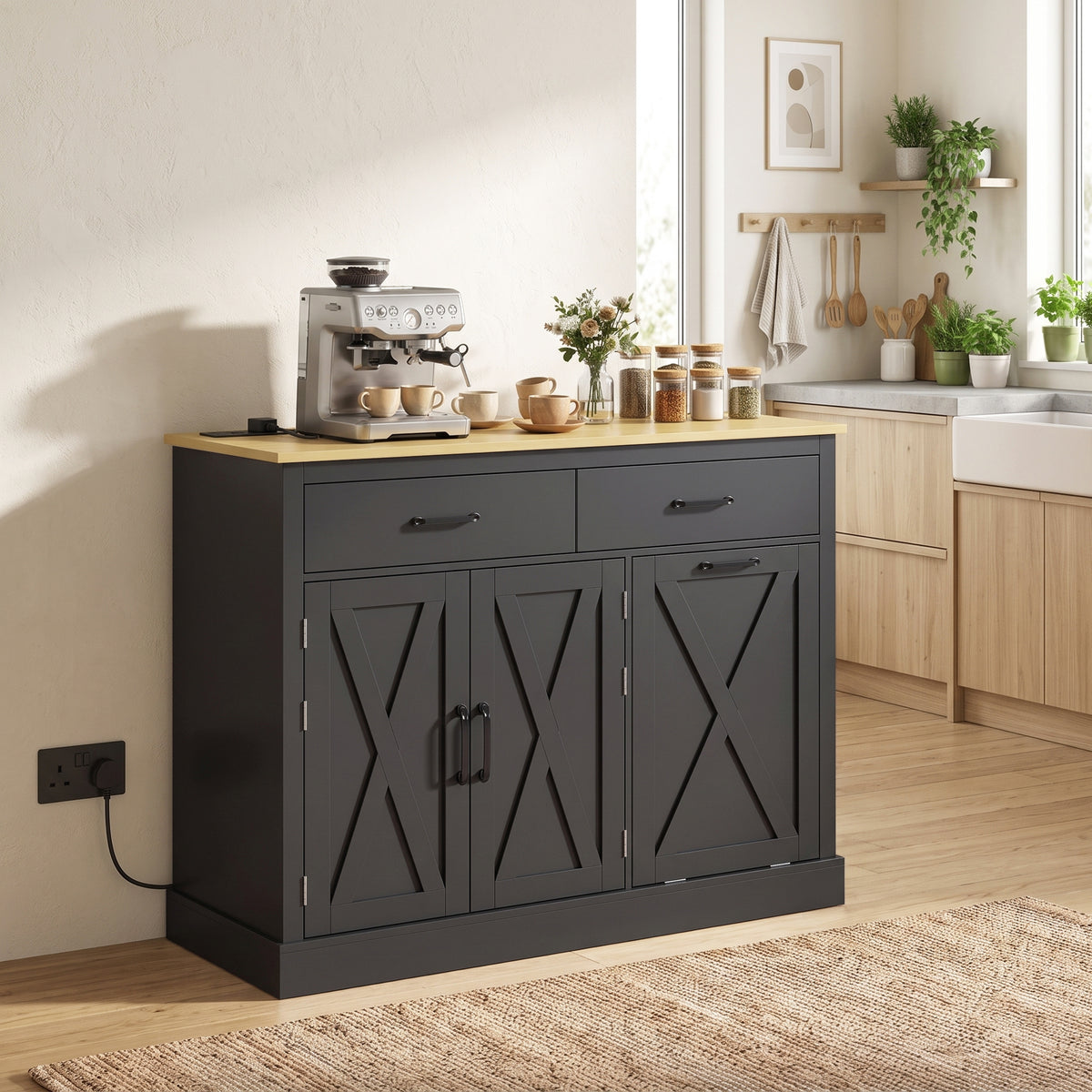 HOMCOM Tilt Out Trash Cabinet with Charging Station, Kitchen Island with Storage, 57 Liter Hidden Rubbish Bin Storage, Black